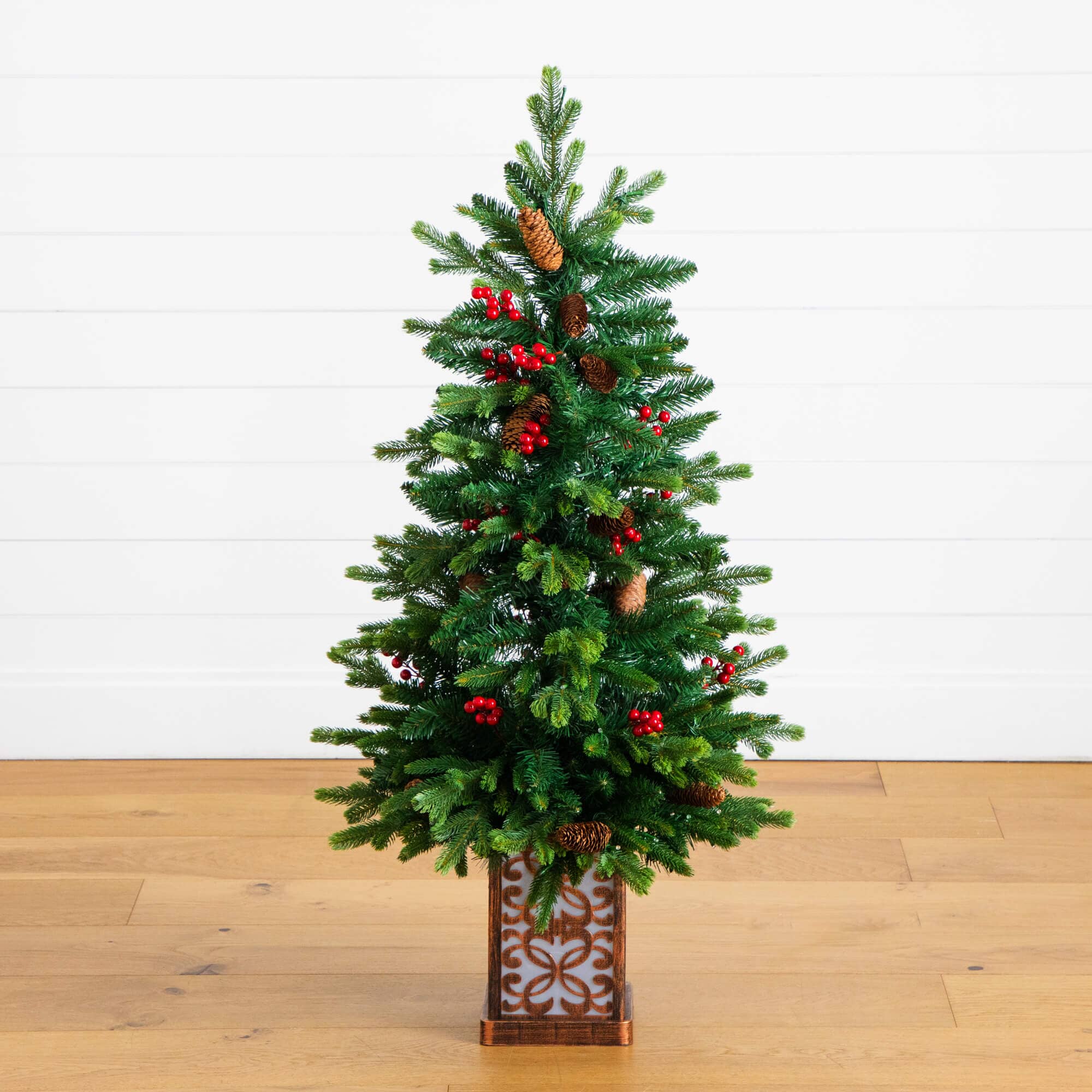 4' Pre-Lit Artificial Christmas Tree with Pinecones, Berries and 100 Multicolored LED Lights in Decorative Planter - Image 5
