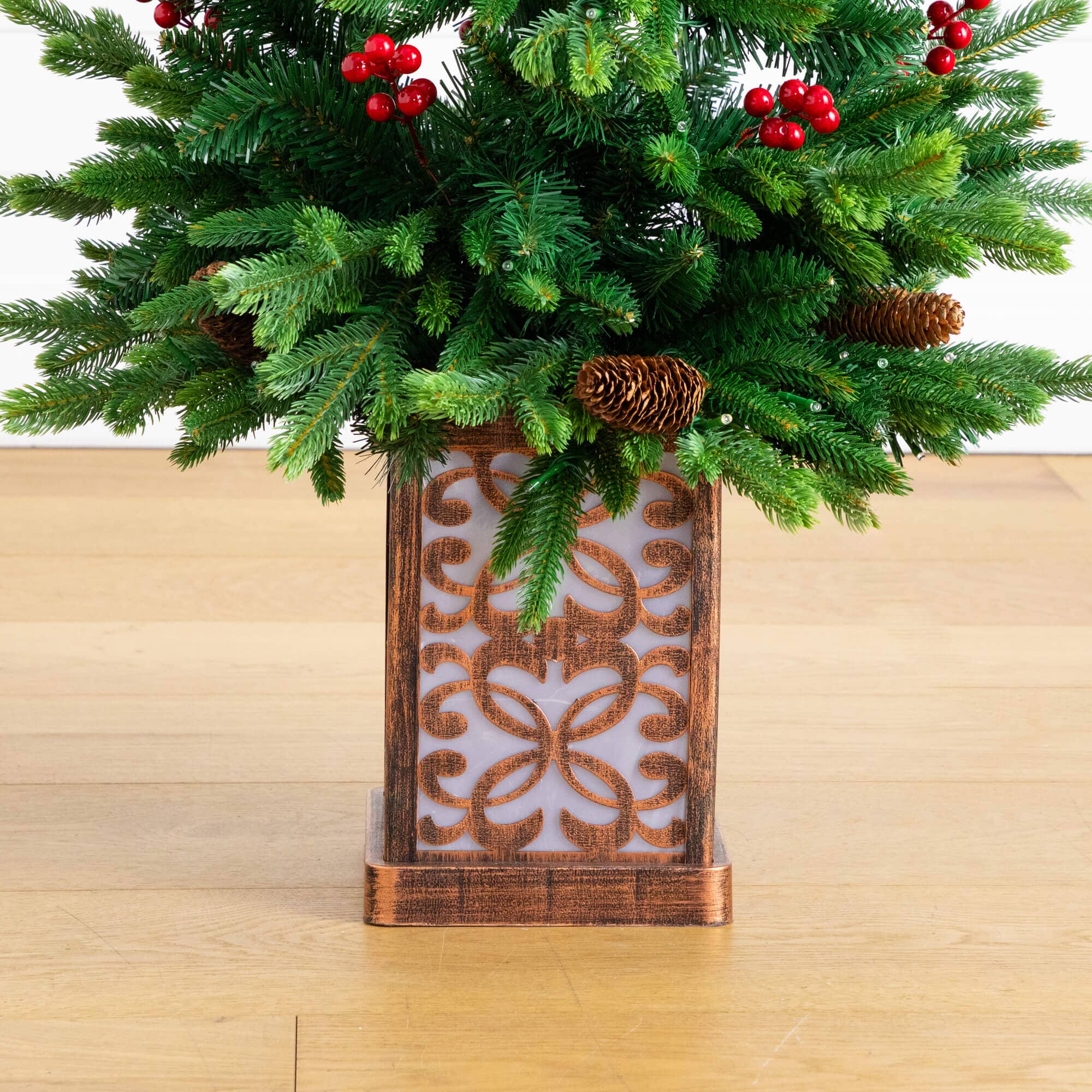 4' Pre-Lit Artificial Christmas Tree with Pinecones, Berries and 100 Multicolored LED Lights in Decorative Planter - Image 7