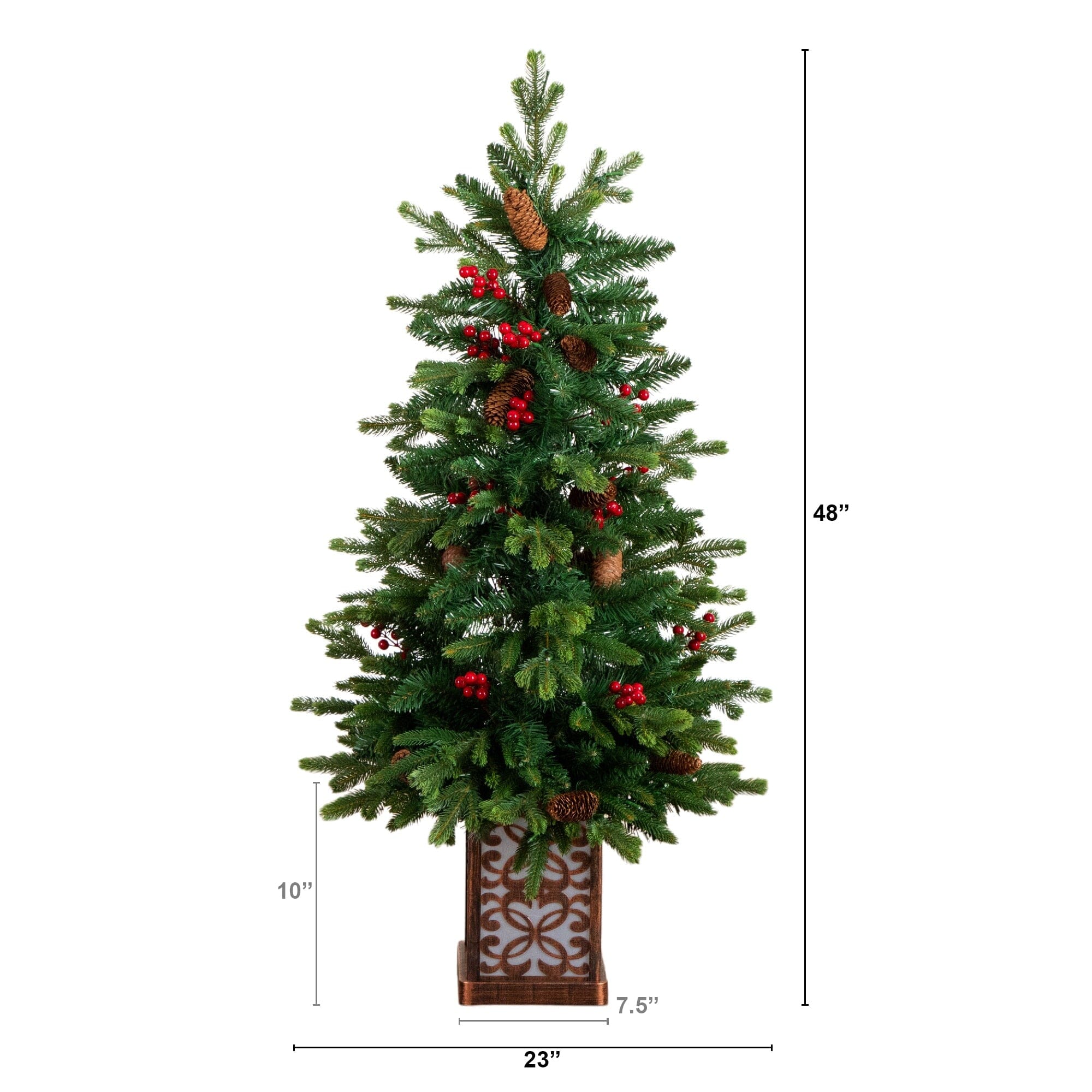 4' Pre-Lit Artificial Christmas Tree with Pinecones, Berries and 100 Multicolored LED Lights in Decorative Planter - Image 8