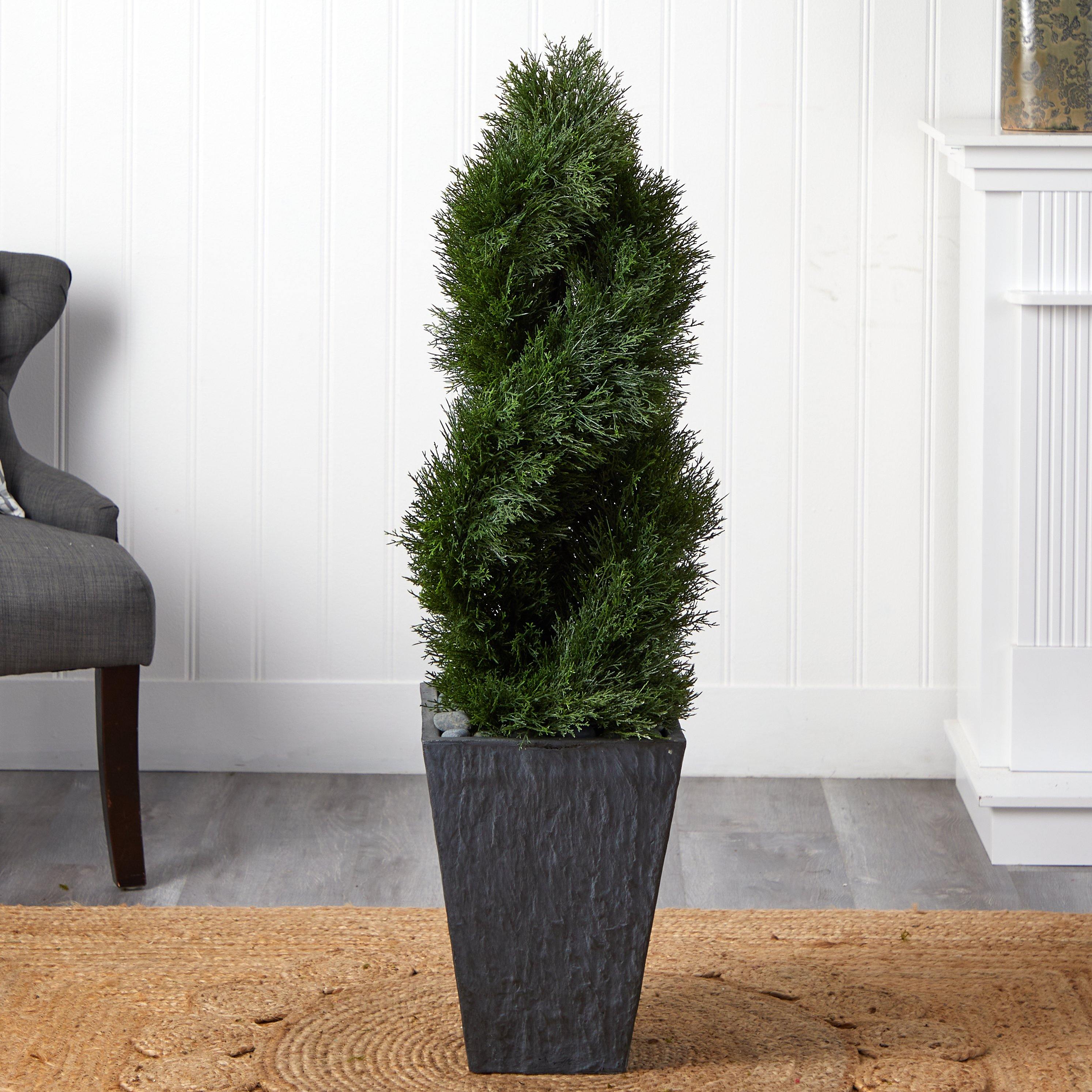 4’ Cypress Double Spiral Topiary Artificial Tree in Slate Planter  (Indoor/Outdoor) - Image 2