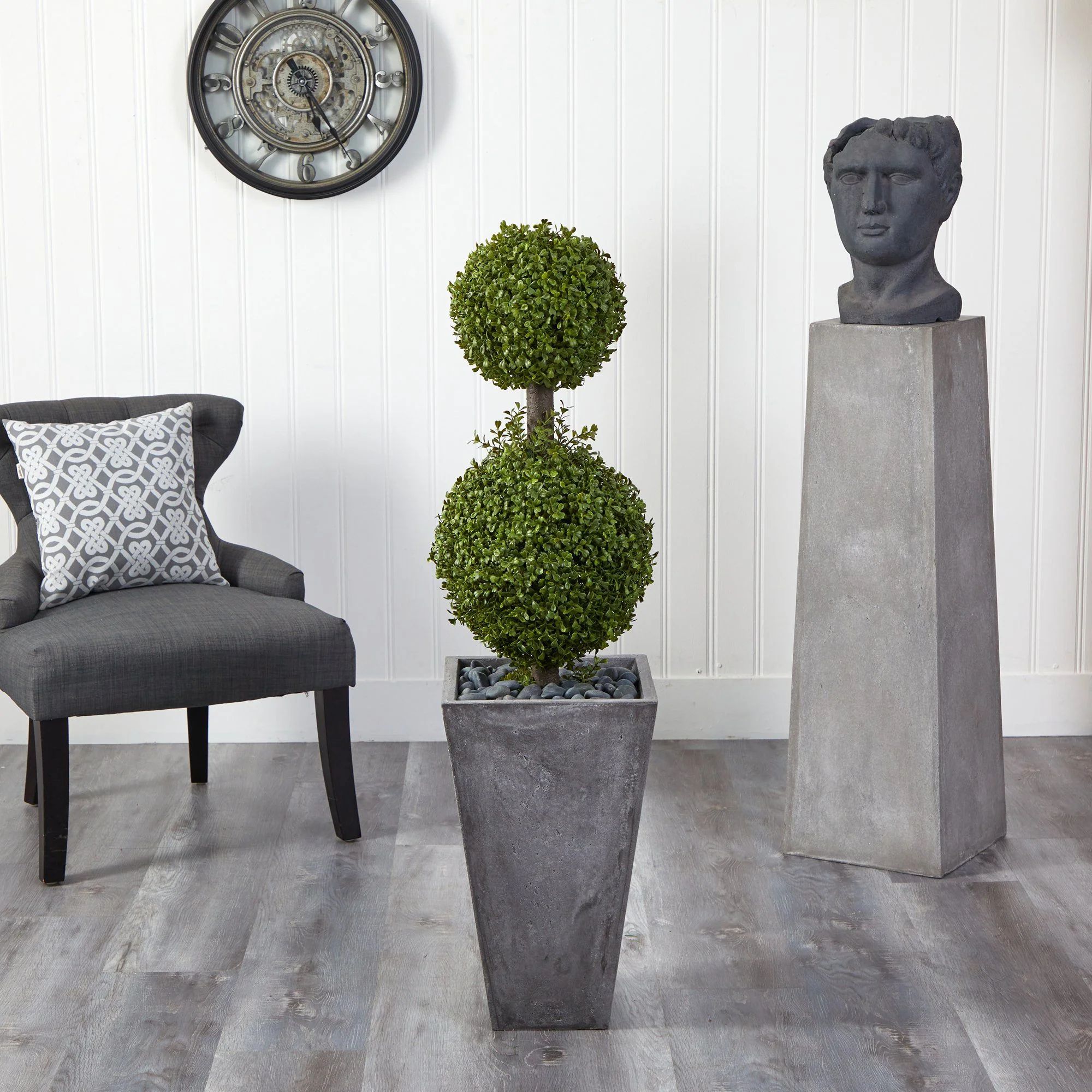 4’ Double Boxwood Topiary Artificial Tree in Cement Planter (Indoor/Outdoor) - Image 3