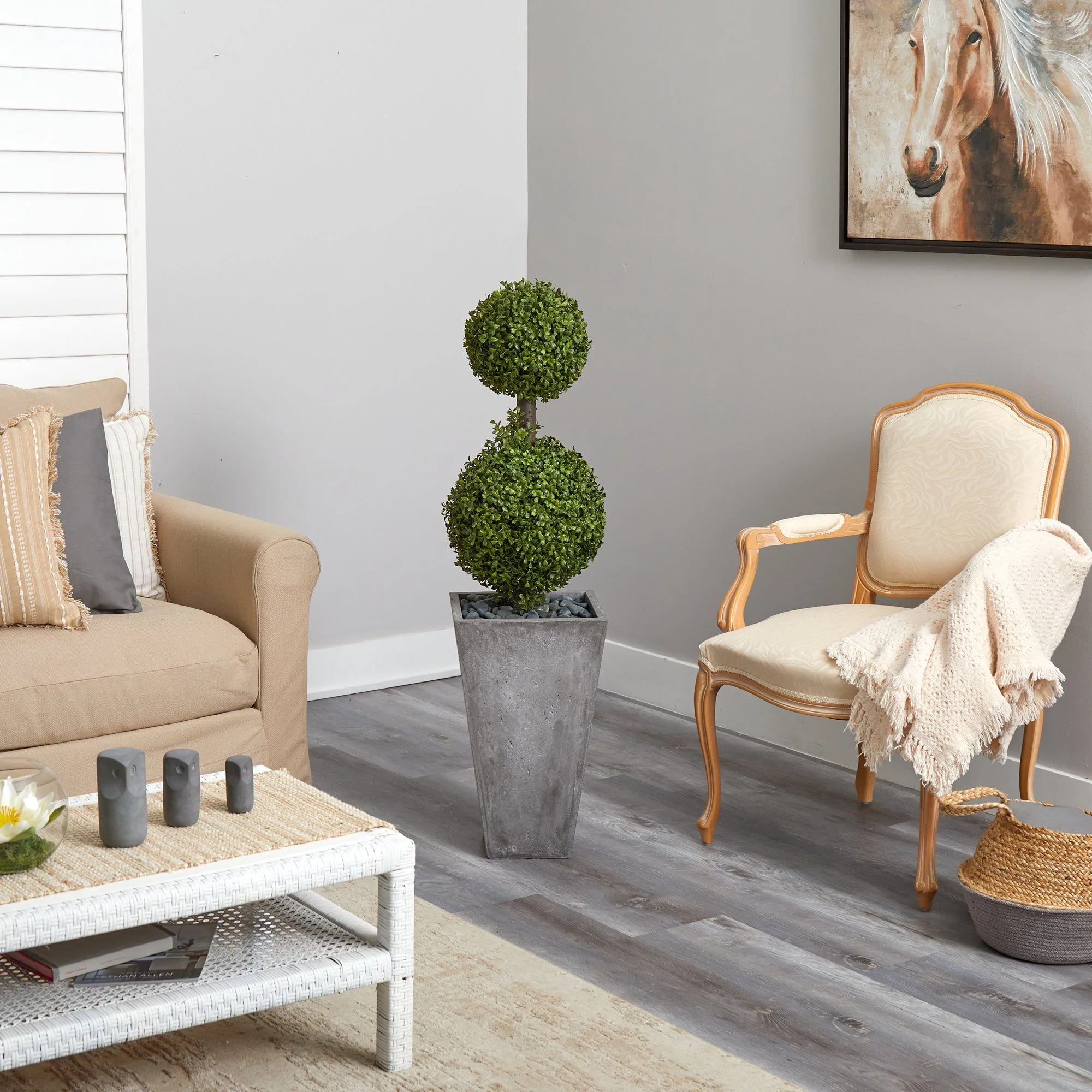 4’ Double Boxwood Topiary Artificial Tree in Cement Planter (Indoor/Outdoor) - Image 4