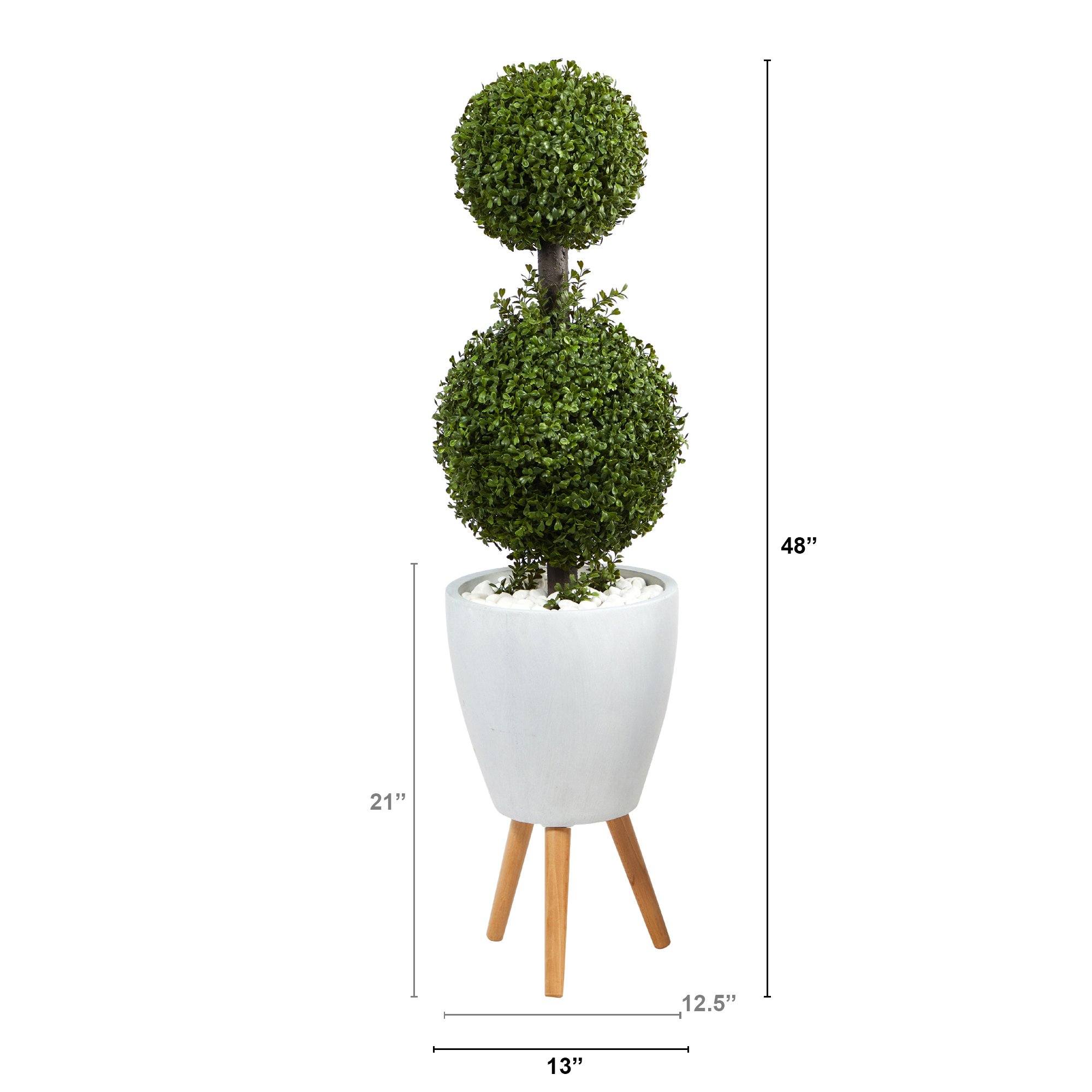 4’ Double Boxwood Topiary Artificial Tree in White Planter with Stand (Indoor/Outdoor) - Image 2