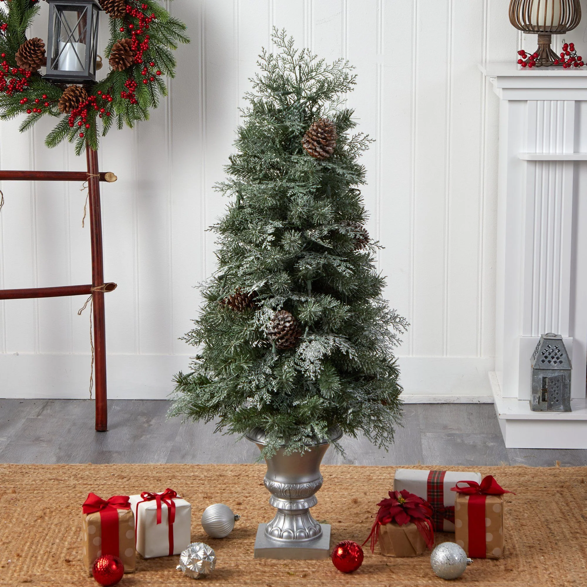 4’ English Pine Tree with 100 Warm White LED Lights and 413 Bendable Branches in Decorative Urn - Image 8