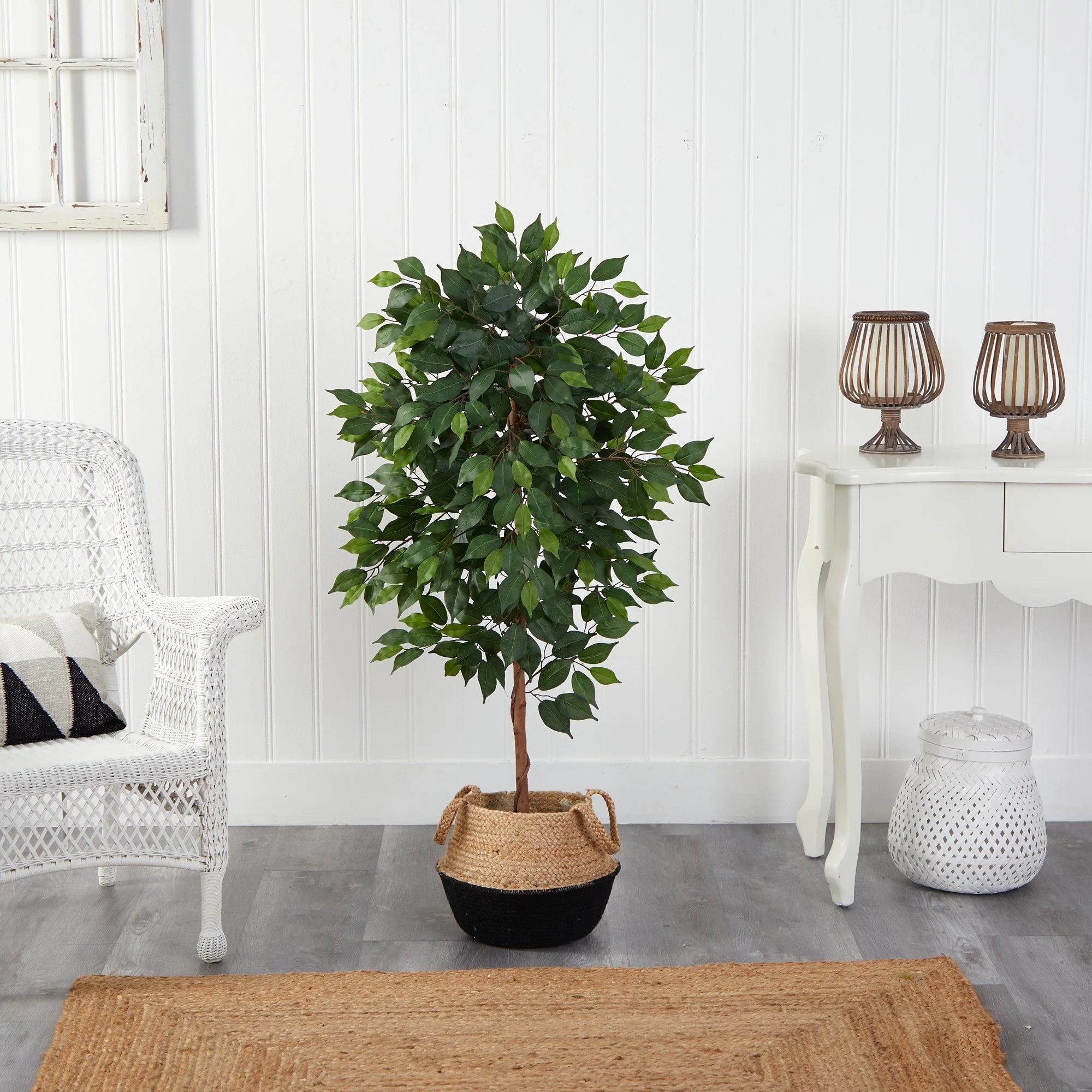 4’ Ficus Artificial Tree in Boho Chic Handmade Cotton & Jute Black Woven Planter - Image 3