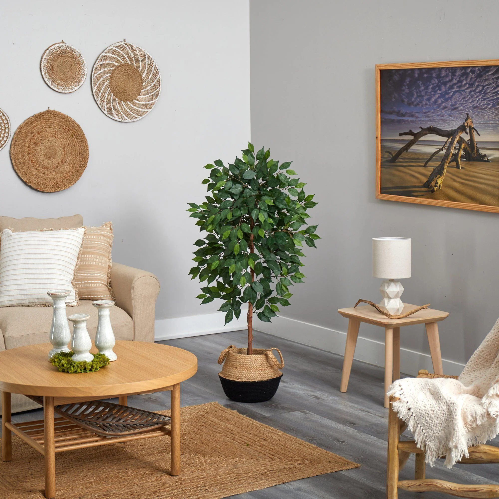 4’ Ficus Artificial Tree in Boho Chic Handmade Cotton & Jute Black Woven Planter - Image 4