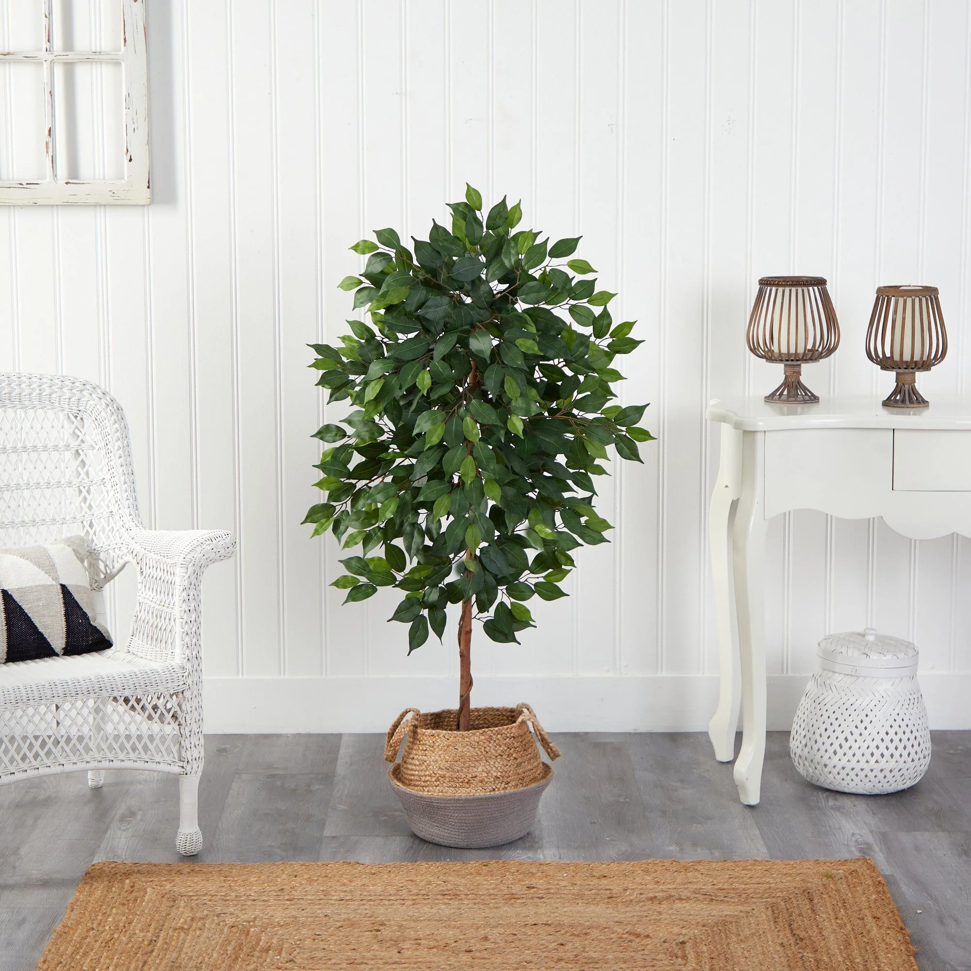 4’ Ficus Artificial Tree in Boho Chic Handmade Cotton & Jute Gray Woven Planter - Image 3