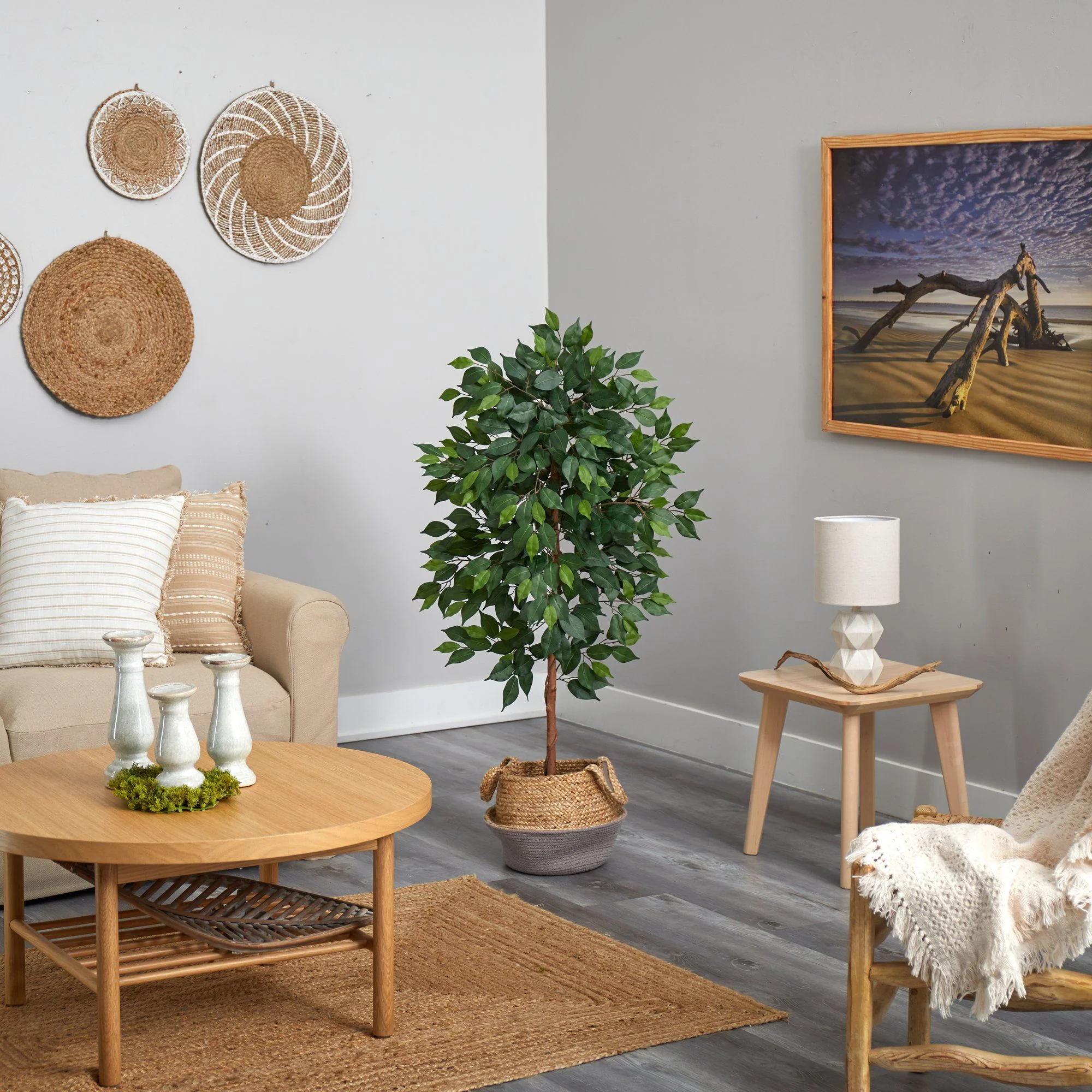 4’ Ficus Artificial Tree in Boho Chic Handmade Cotton & Jute Gray Woven Planter - Image 4