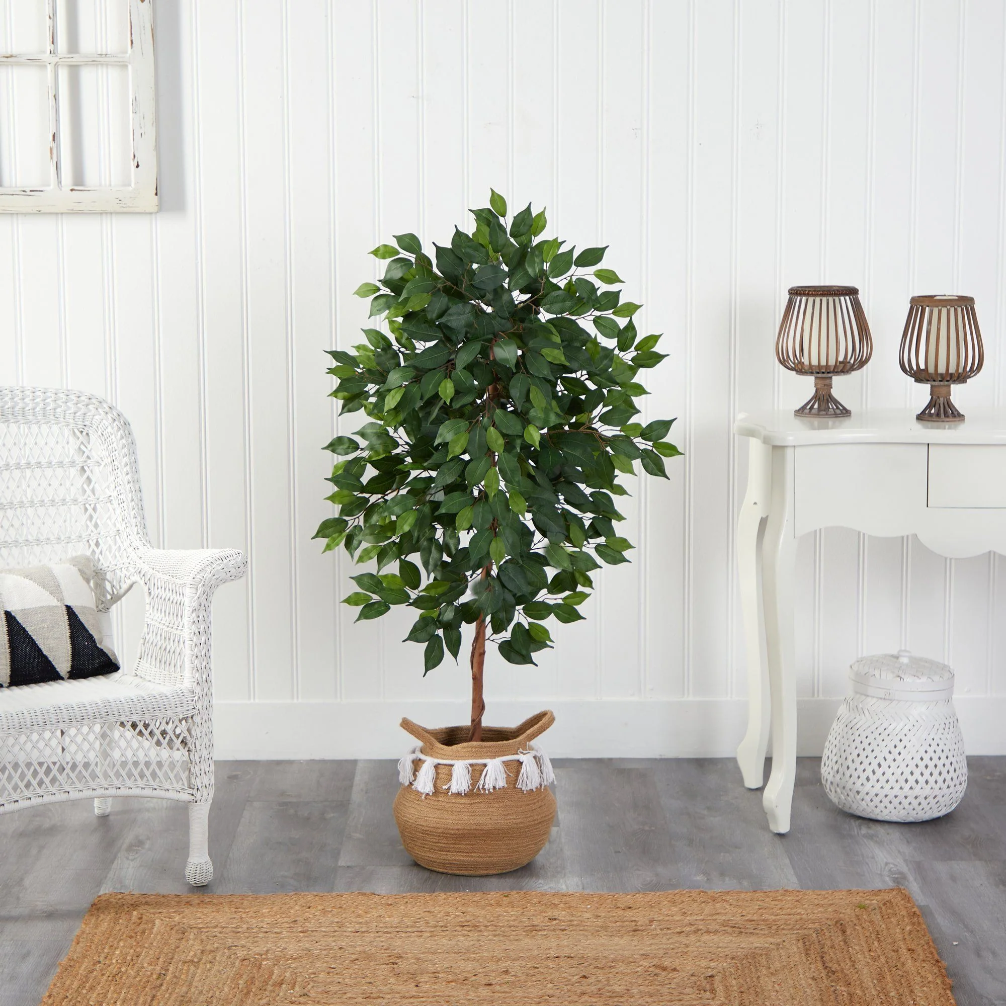 4’ Ficus Artificial Tree in Boho Chic Handmade Natural Cotton Woven Planter with Tassels - Image 3