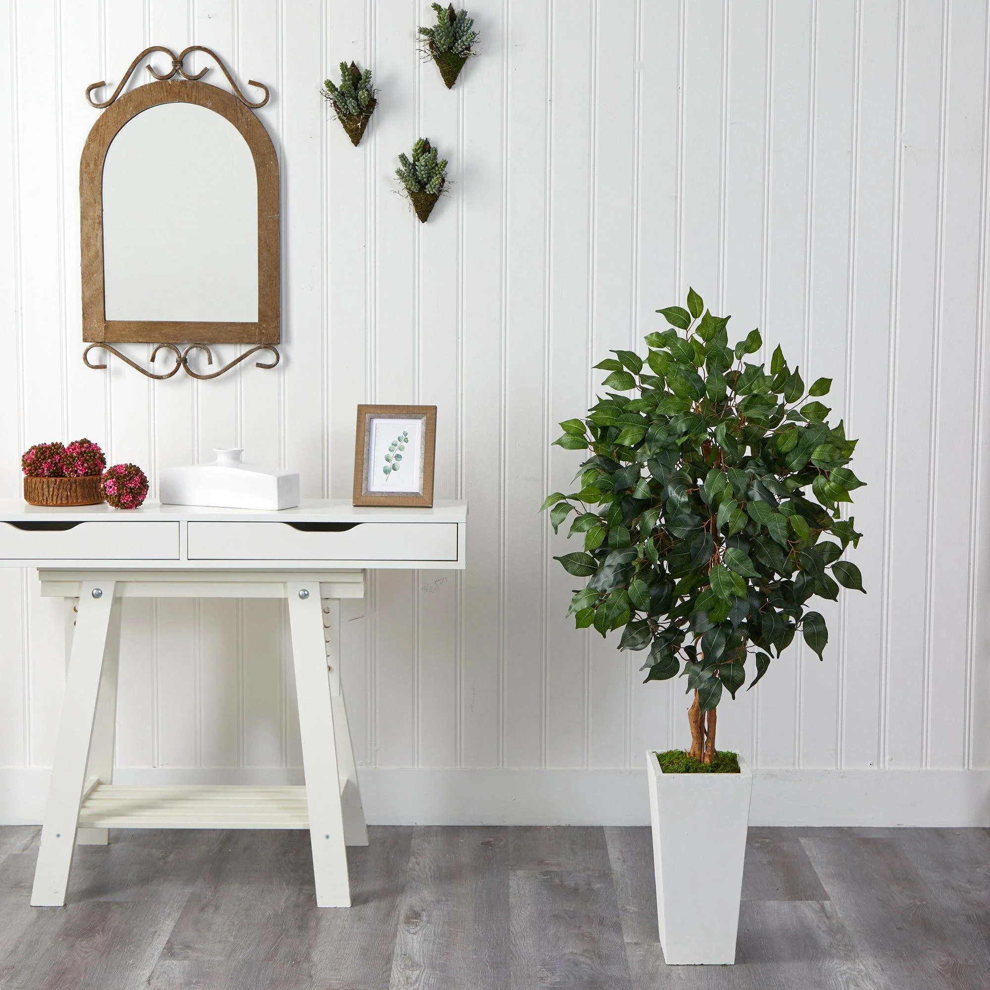4’ Ficus Artificial Tree in White Tower Planter - Image 3