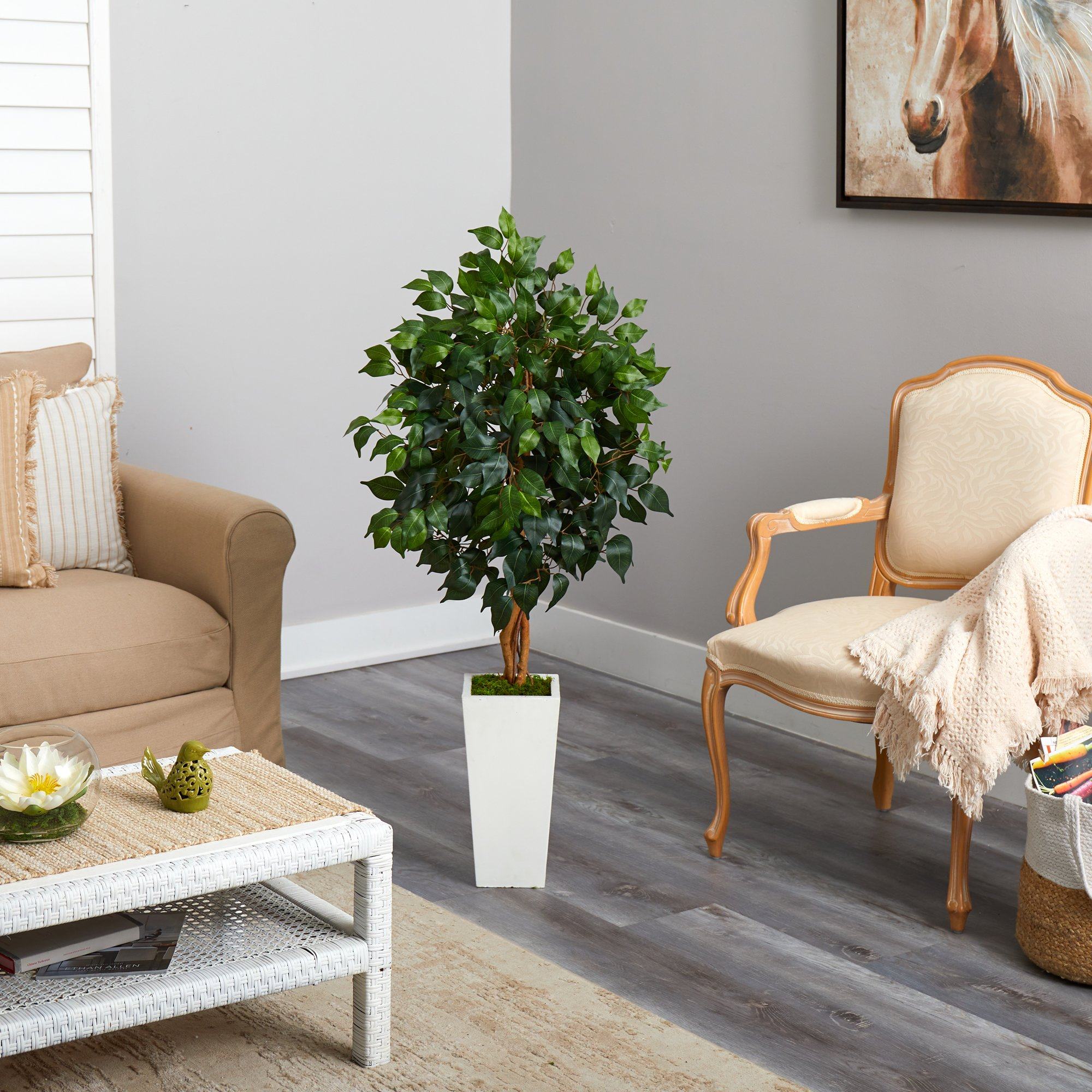 4’ Ficus Artificial Tree in White Tower Planter - Image 4