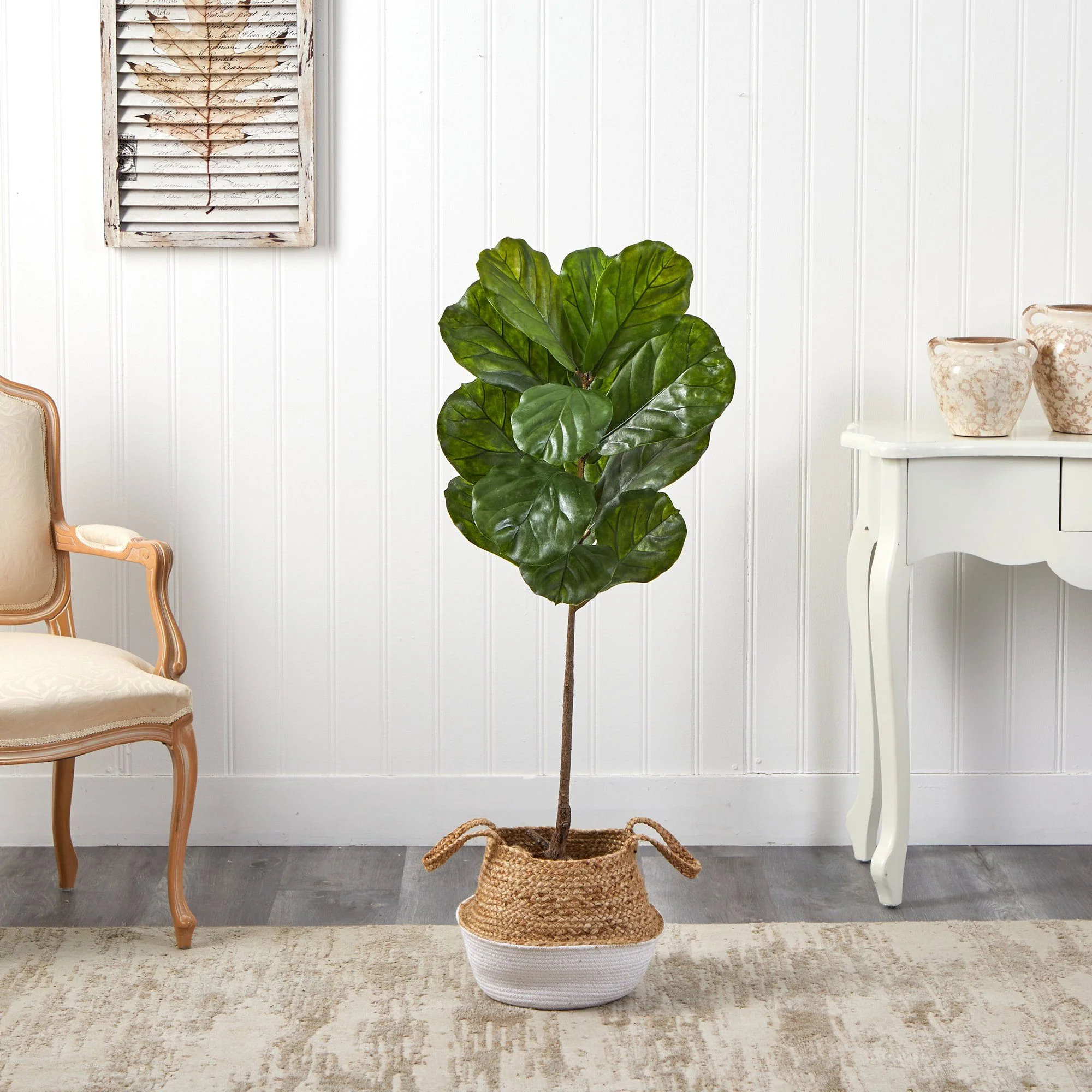 4’ Fiddle Leaf Tree in Boho Chic Handmade Cotton & Jute White Woven Planter UV Resistant - Image 3