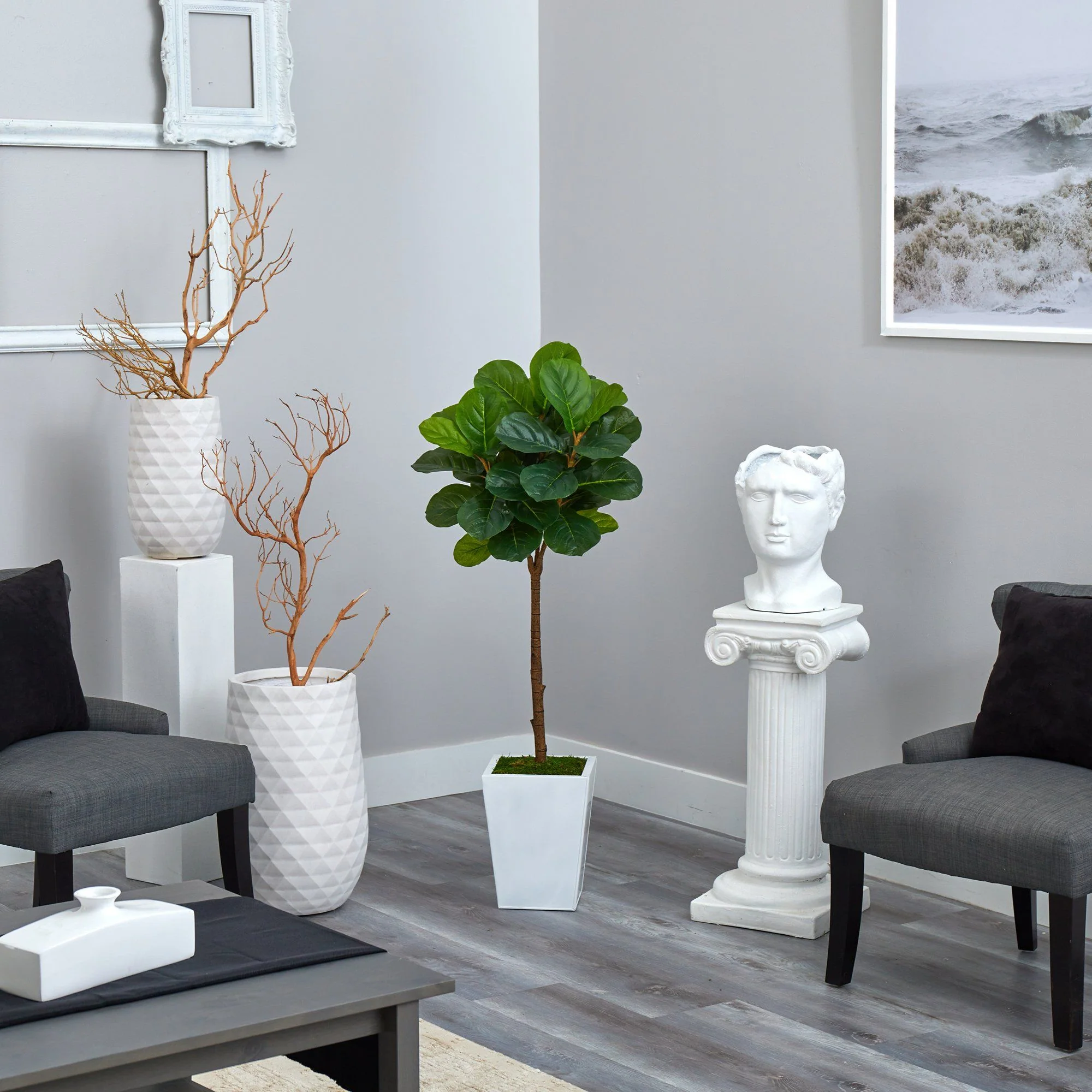 4’ Fiddle Leaf Tree in White Metal Planter (Real Touch) - Image 4