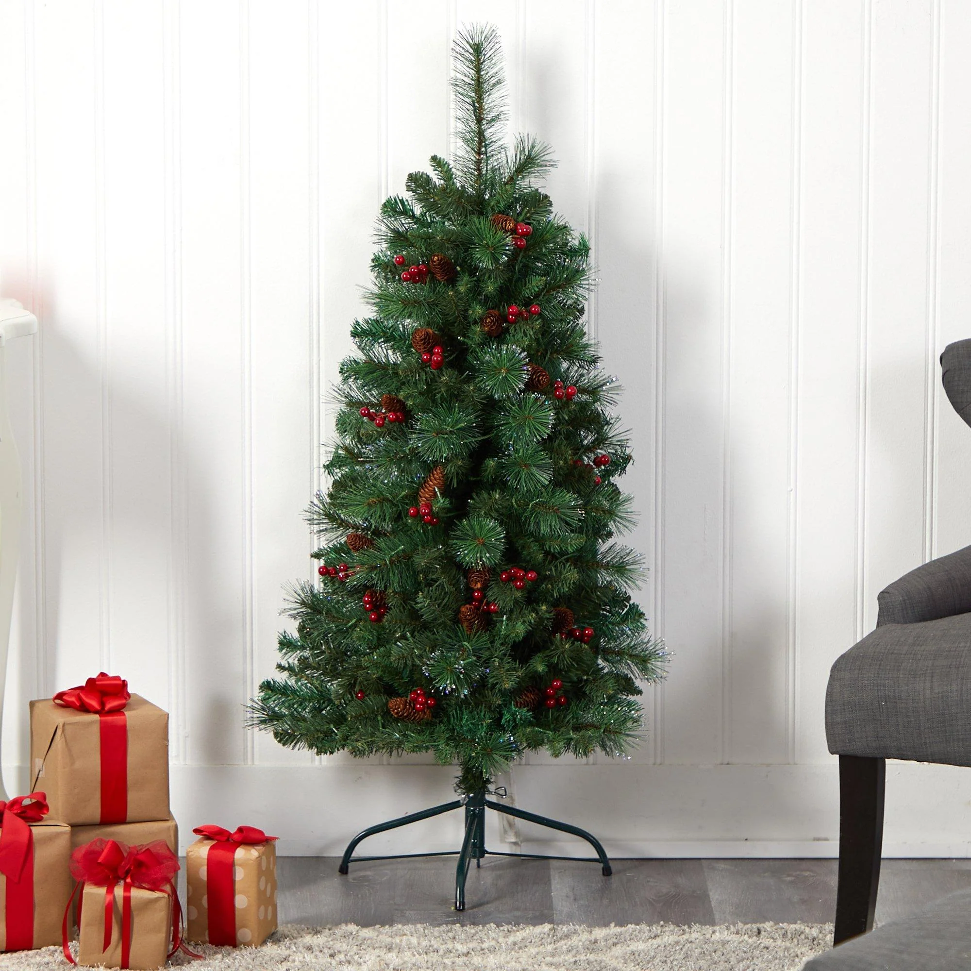 4’ Flat Back Montreal Mountain Artificial Christmas Tree with Pine Cones and Berries - Image 8