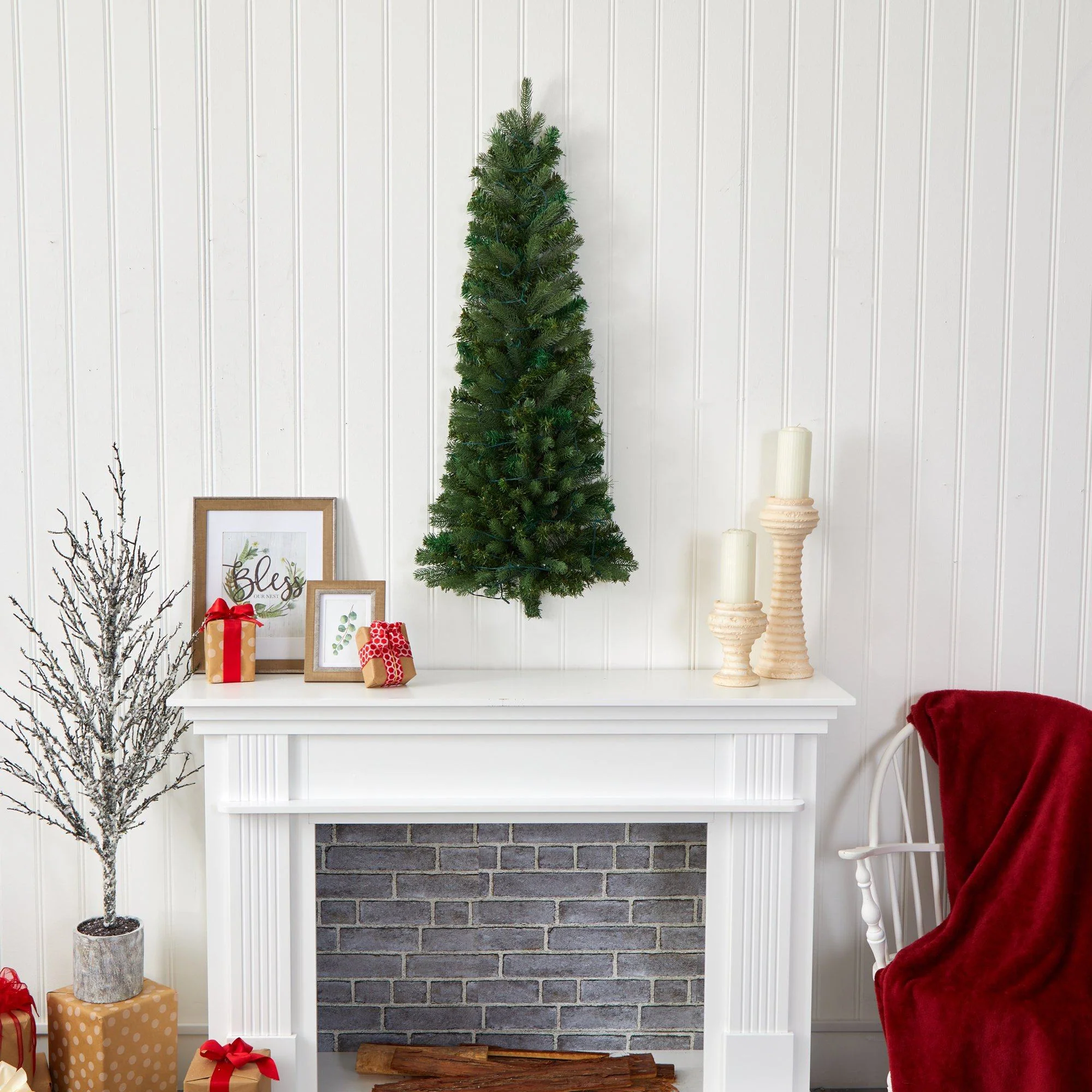 4' Flat Back Wall Hanging Artificial Christmas Tree with 50 Clear LED Lights - Image 5