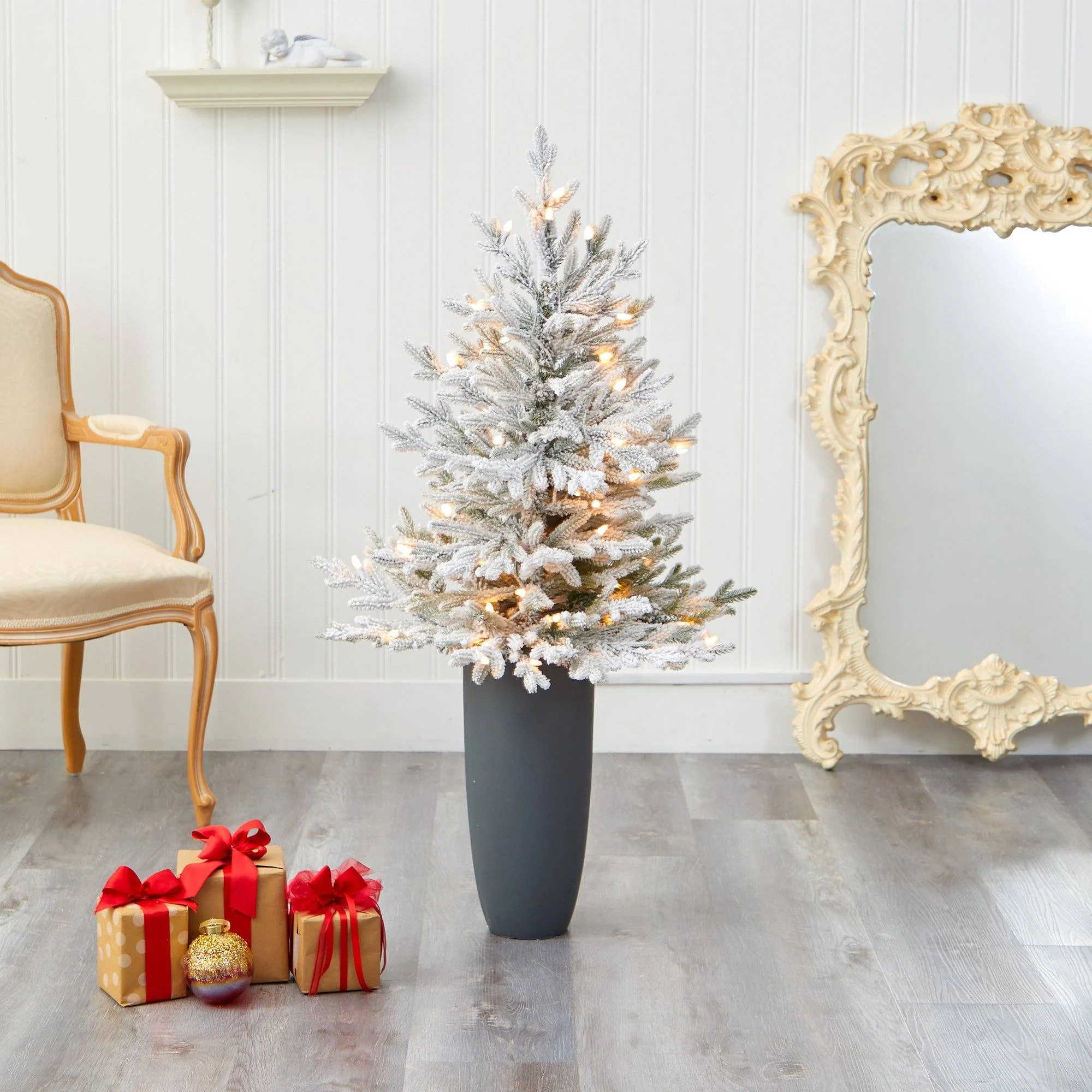 4’ Flocked Fraser Fir Artificial Christmas Tree with 200 Warm White Lights and 481 Bendable Branches in Gray Planter - Image 7