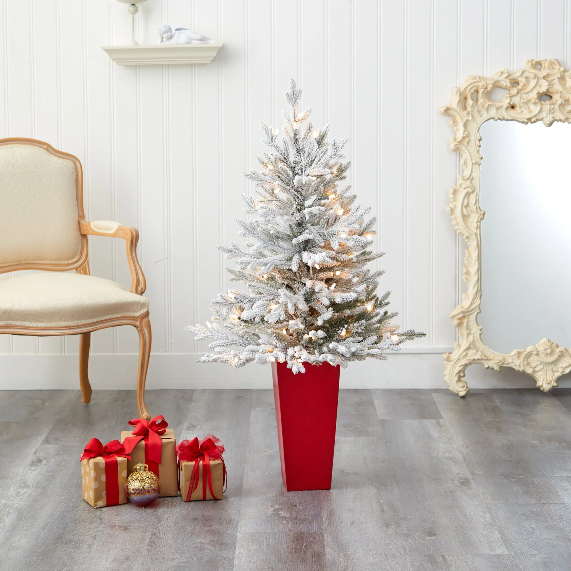 4’ Flocked Fraser Fir Artificial Christmas Tree with 200 Warm White Lights and 481 Bendable Branches in Red Planter - Image 7