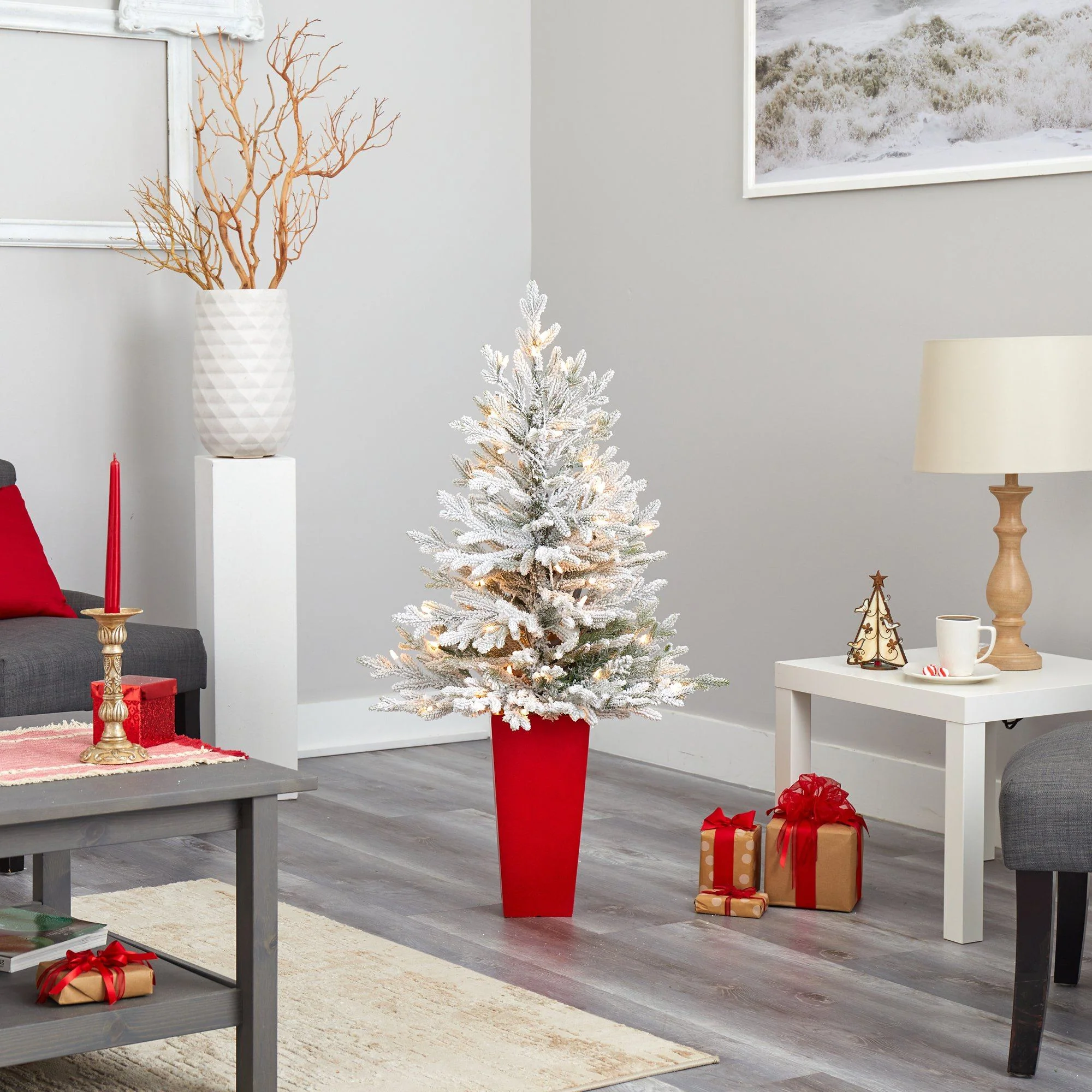 4’ Flocked Fraser Fir Artificial Christmas Tree with 200 Warm White Lights and 481 Bendable Branches in Red Planter - Image 8