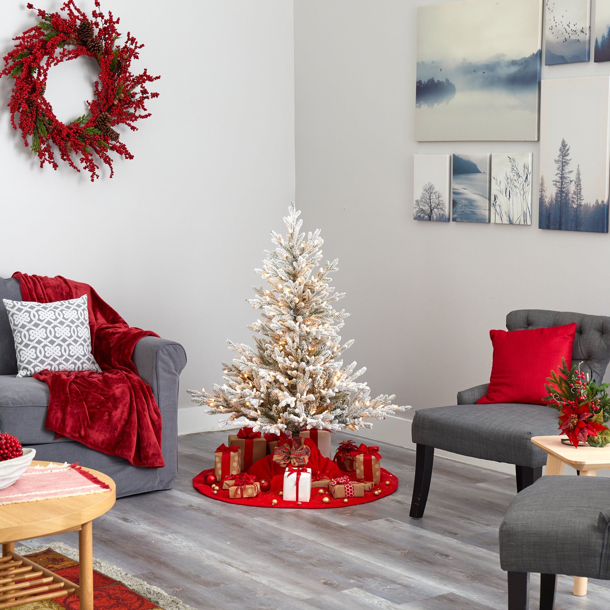 4’ Flocked Fraser Fir Artificial Christmas Tree with 300 Warm White Lights and 967 Bendable Branches - Image 6