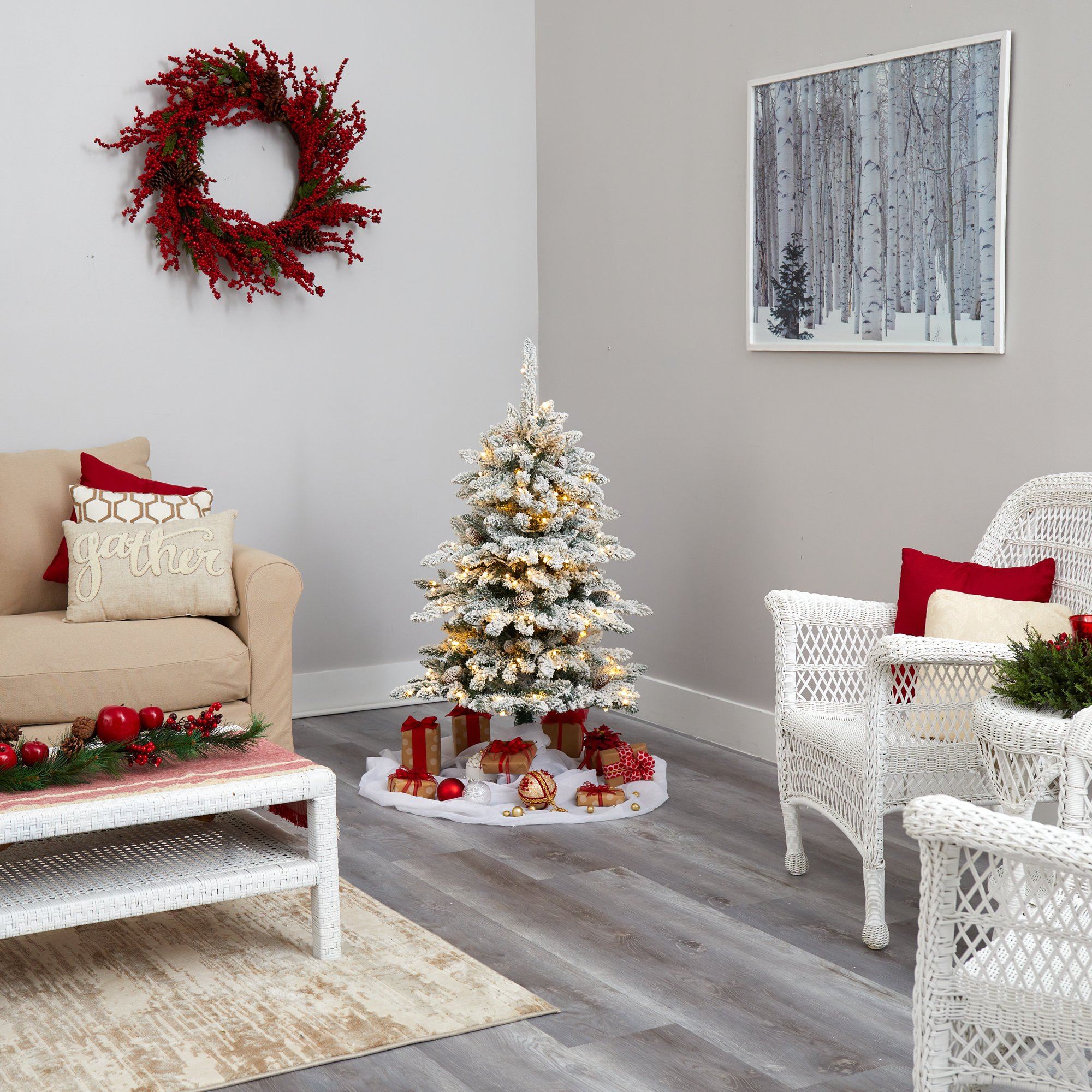 4’ Flocked Livingston Fir Artificial Christmas Tree with Pine Cones and 150 Clear Warm LED Lights - Image 7