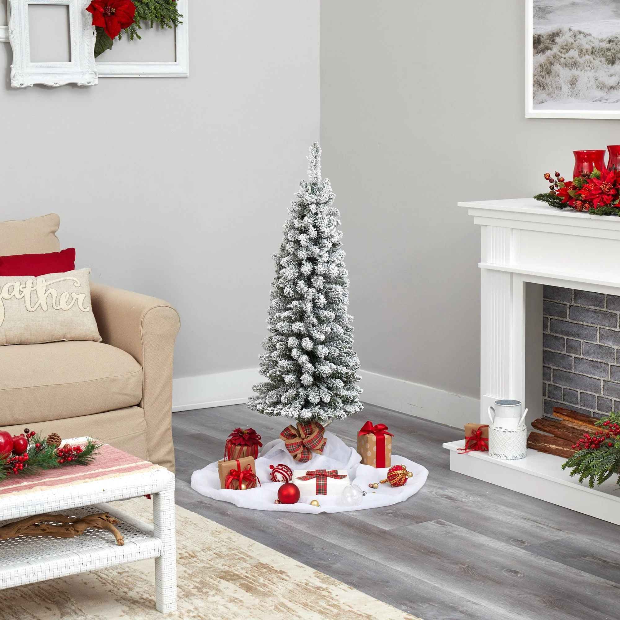 4’ Flocked Pencil Artificial Christmas Tree with 100 Clear Lights and 216 Bendable Branches - Image 4