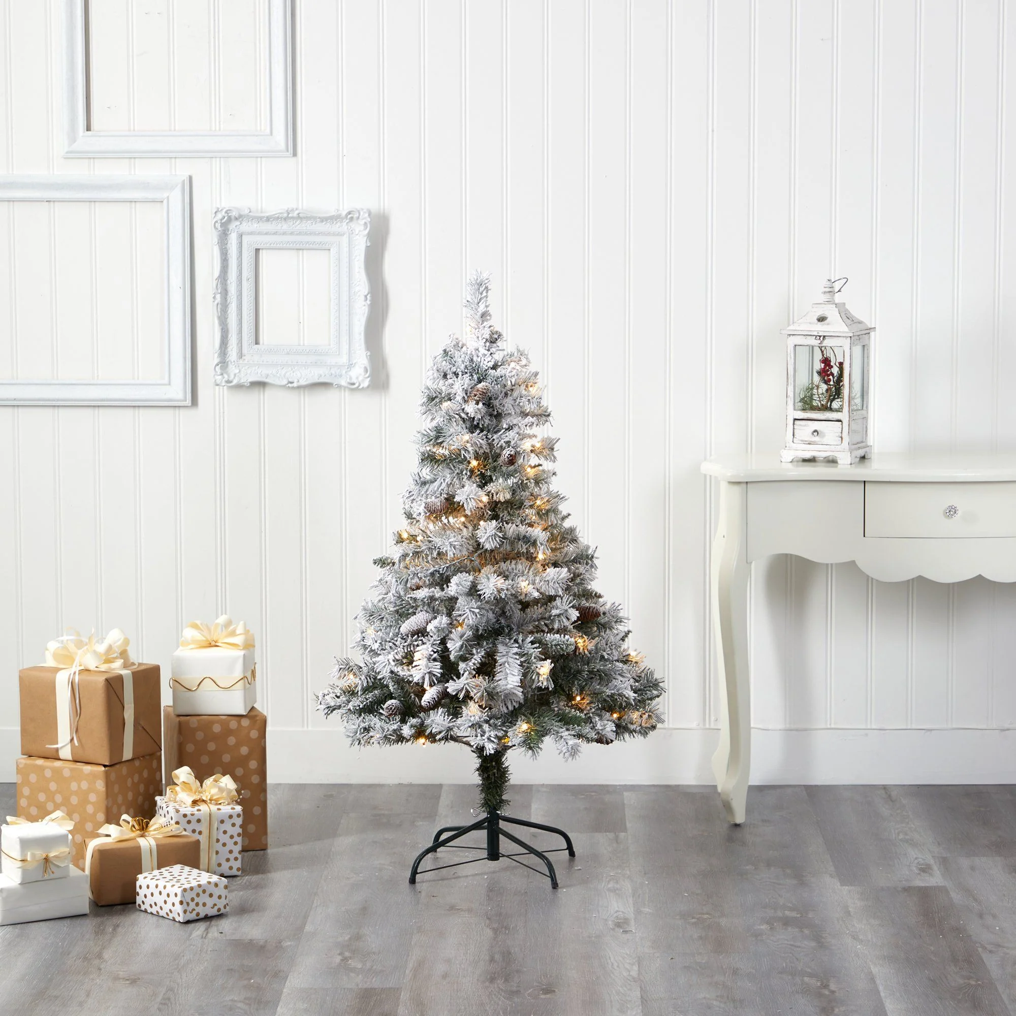 4' Flocked White River Mountain Pine Artificial Christmas Tree with Pinecones and 100 Clear LED Lights - Image 5