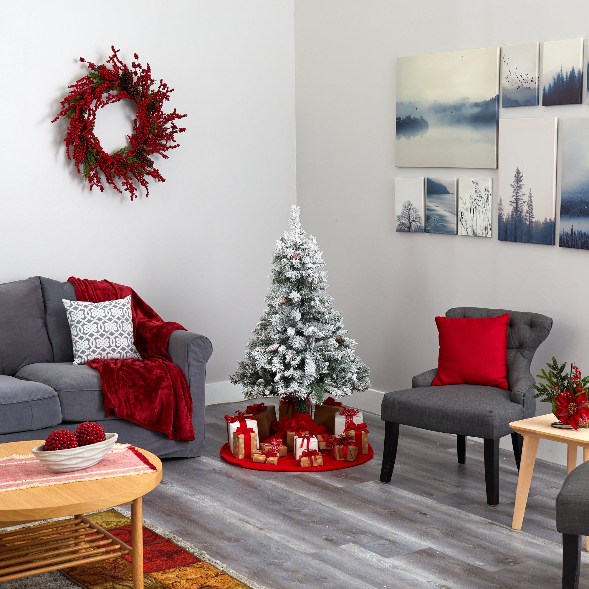 4' Flocked White River Mountain Pine Artificial Christmas Tree with Pinecones and 100 Clear LED Lights - Image 7
