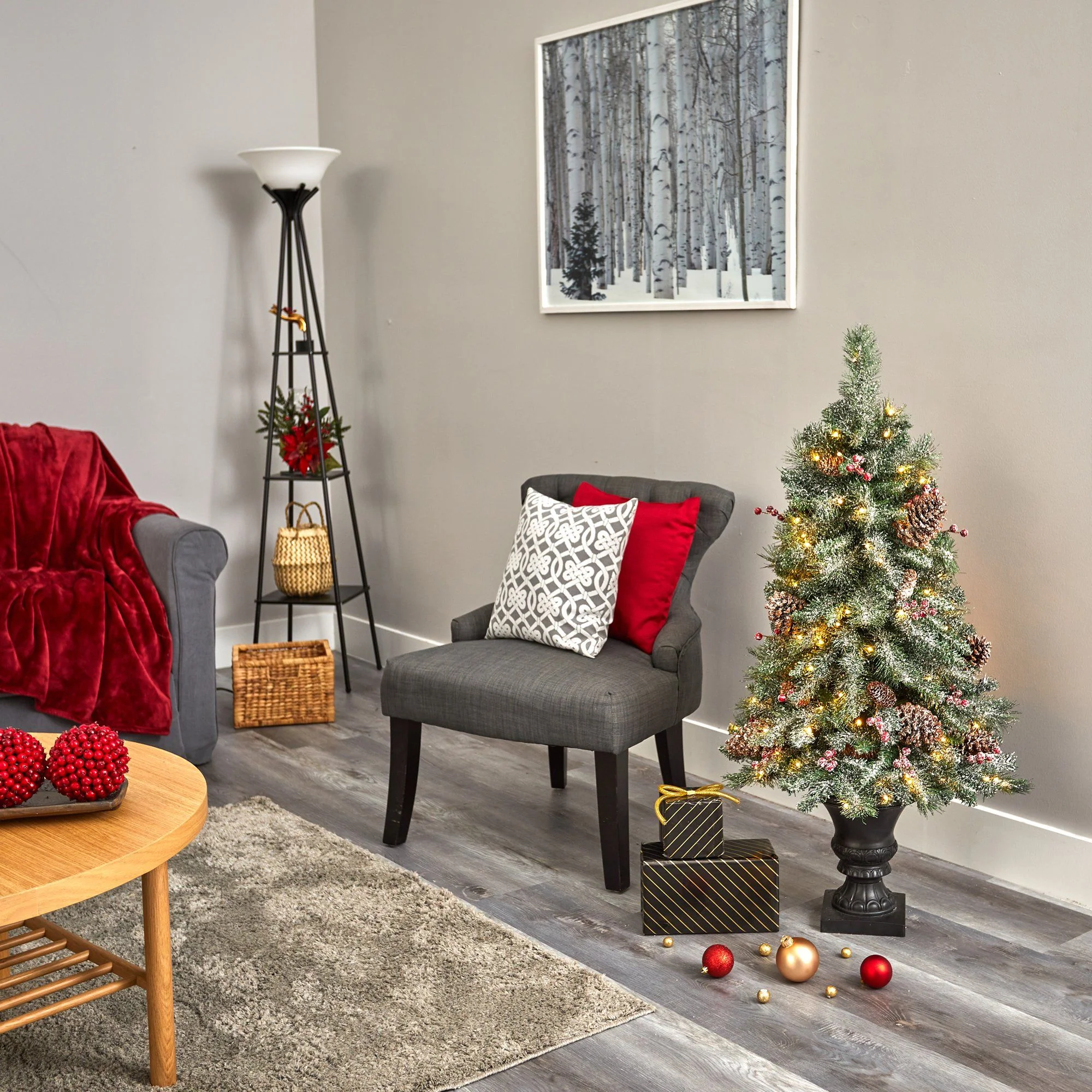 4’ Frosted Pine, Pinecone and Berries Artificial Christmas Tree with 100 Clear LED Lights in Decorative Urn - Image 6