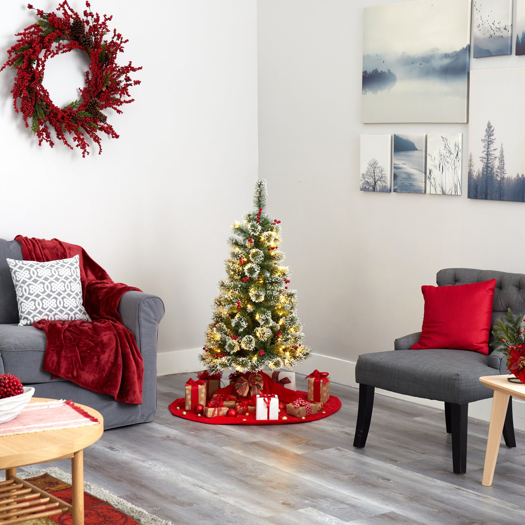 4’ Frosted Swiss Pine Artificial Christmas Tree with 100 Clear LED Lights and Berries - Image 5