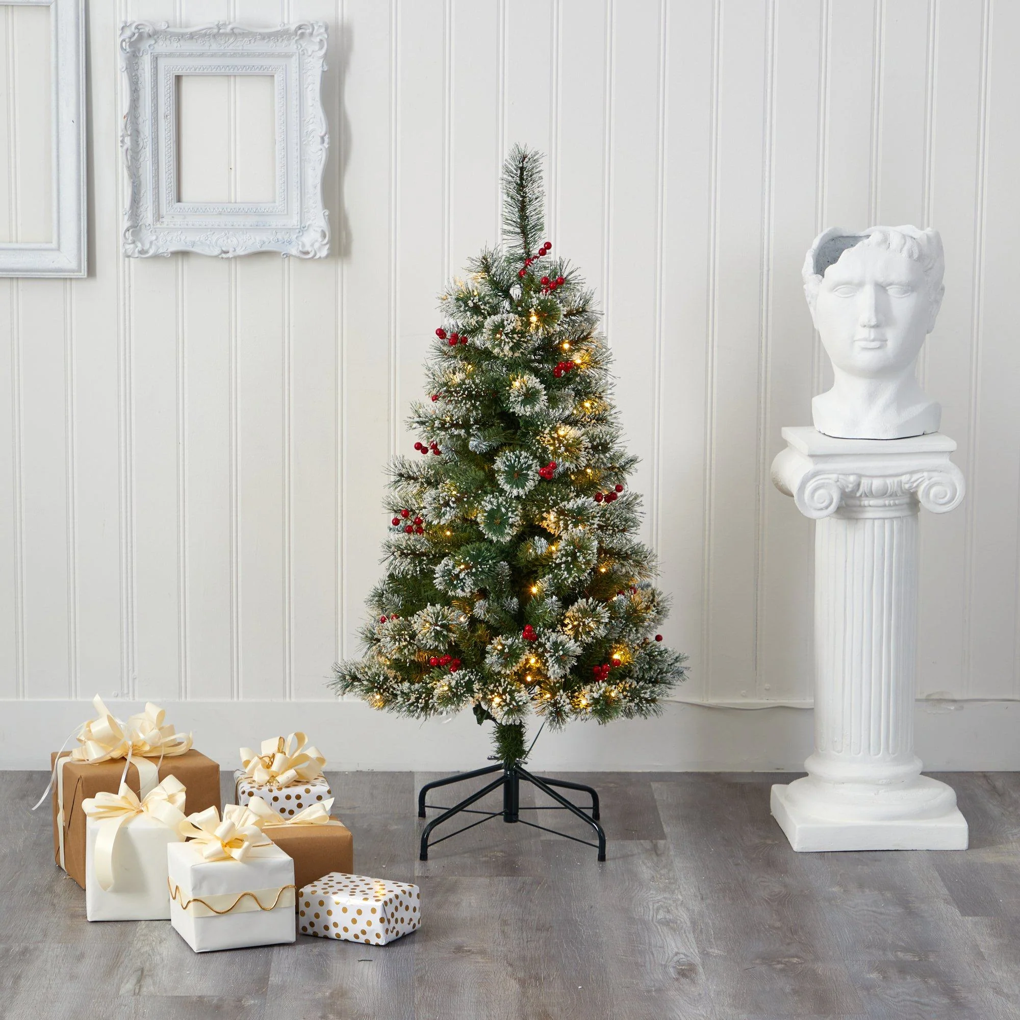 4’ Frosted Swiss Pine Artificial Christmas Tree with 100 Clear LED Lights and Berries - Image 6