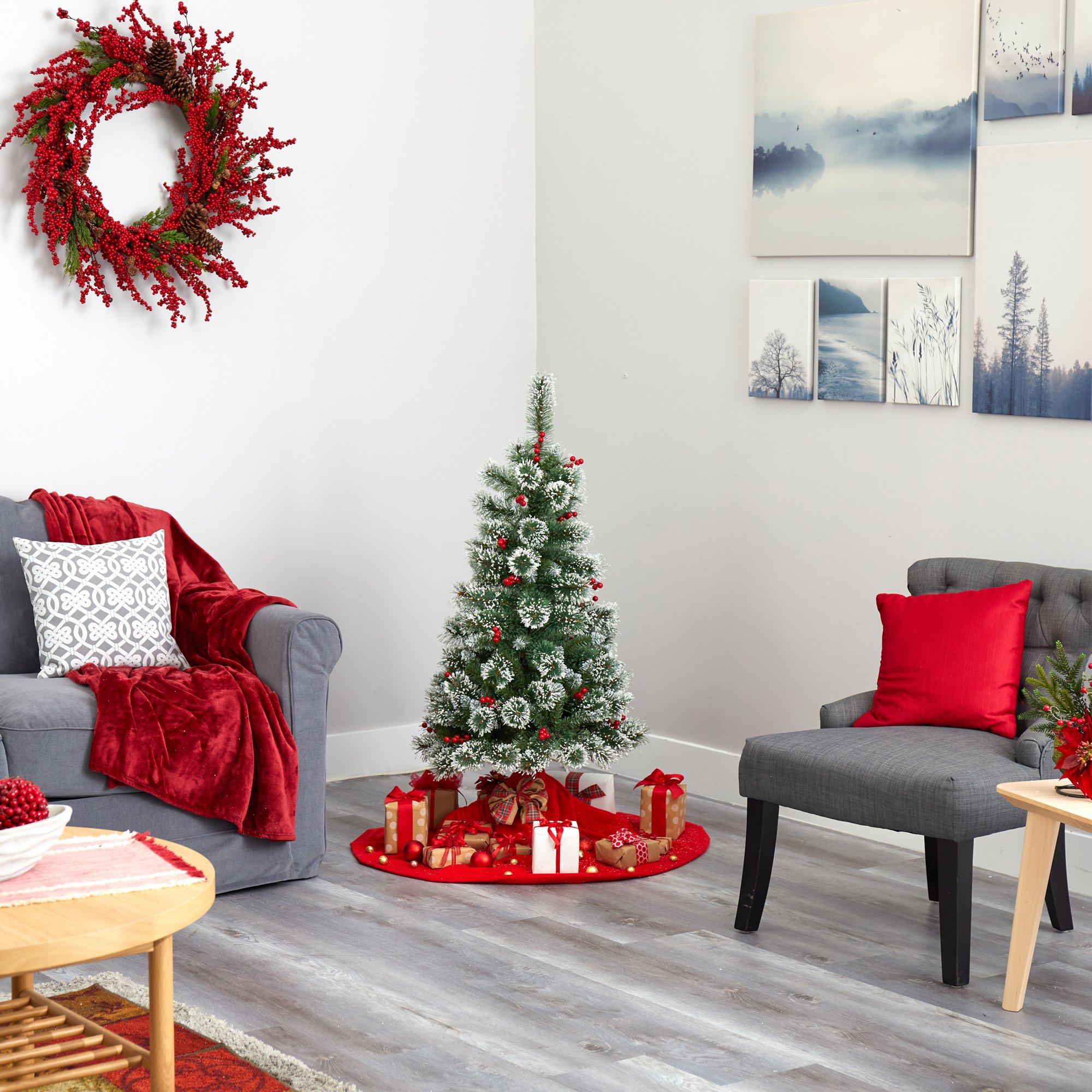 4’ Frosted Swiss Pine Artificial Christmas Tree with 100 Clear LED Lights and Berries - Image 7