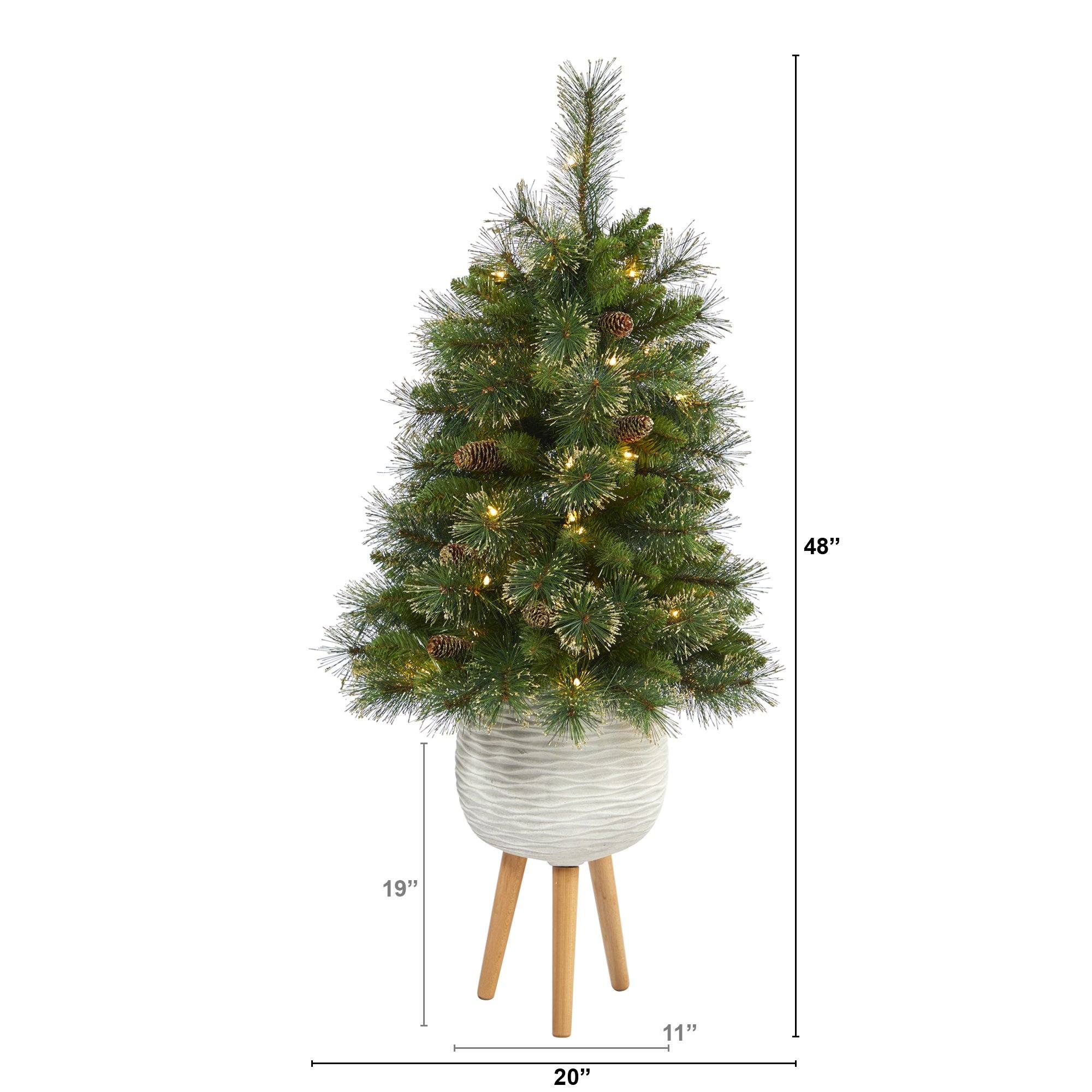 4’ Golden Tip Washington Pine Artificial Christmas Tree with 50 Clear Lights, Pine Cones and 148 Bendable Branches in White Planter with Stand - Image 2