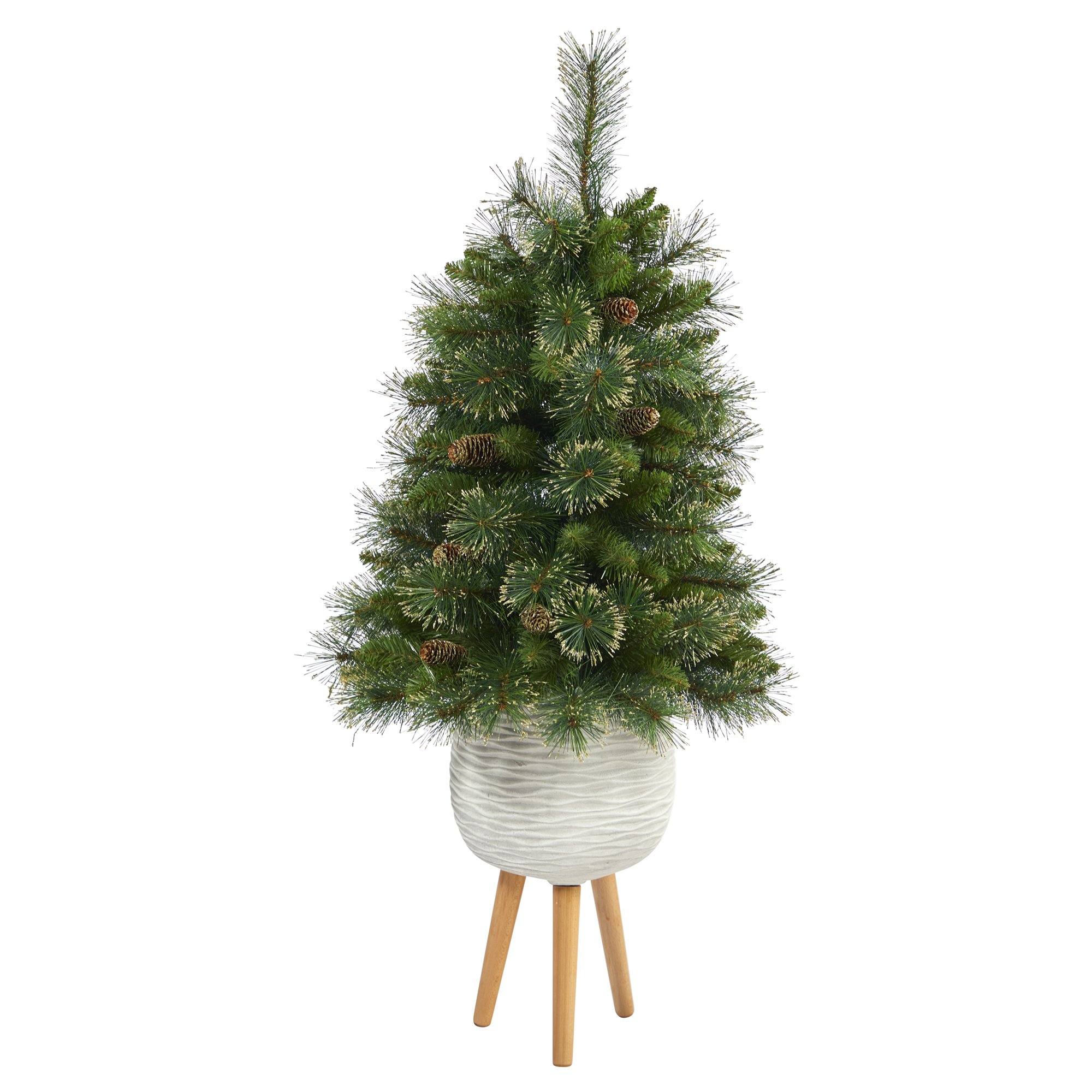 4’ Golden Tip Washington Pine Artificial Christmas Tree with 50 Clear Lights, Pine Cones and 148 Bendable Branches in White Planter with Stand - Image 3
