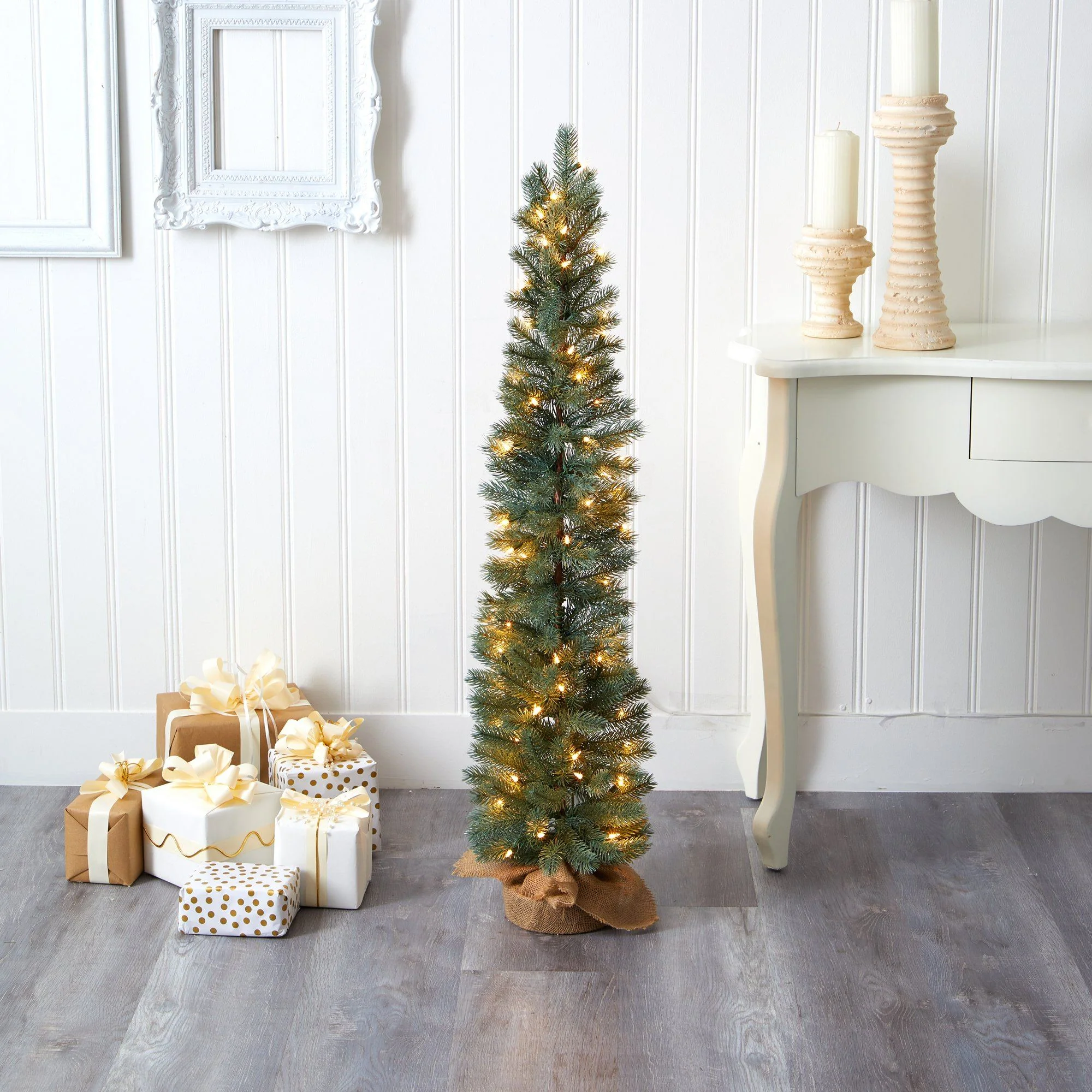 4’ Green Pine Artificial Christmas Tree with 70 Warm White Lights Set in a Burlap Base - Image 5