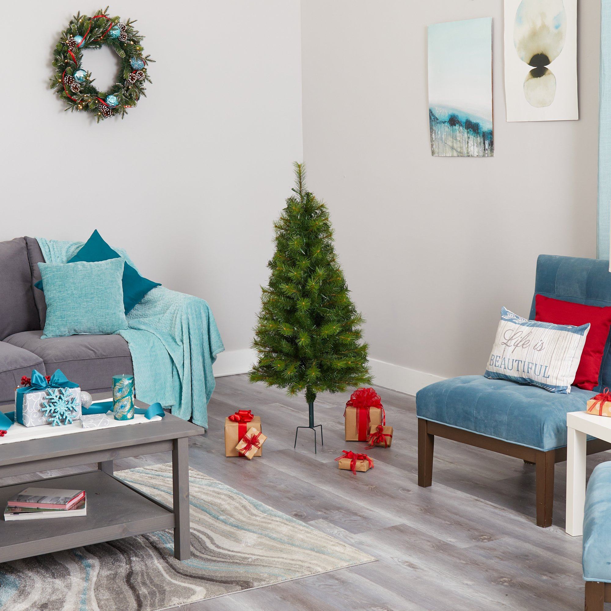 4’ Green Valley Pine Artificial Christmas Tree with 100 Warm White LED Lights and 201 Bendable Branches - Image 5