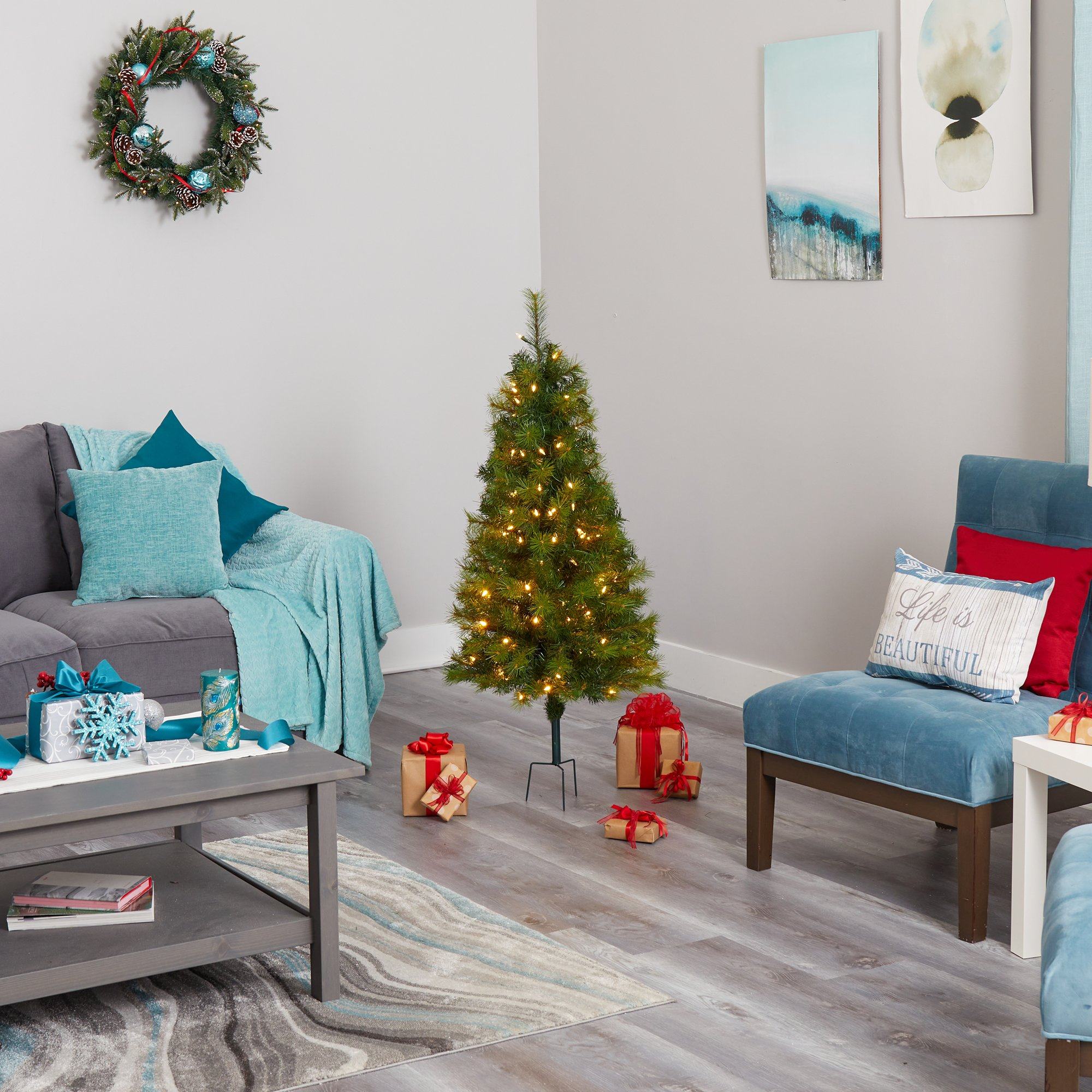 4’ Green Valley Pine Artificial Christmas Tree with 100 Warm White LED Lights and 201 Bendable Branches - Image 7