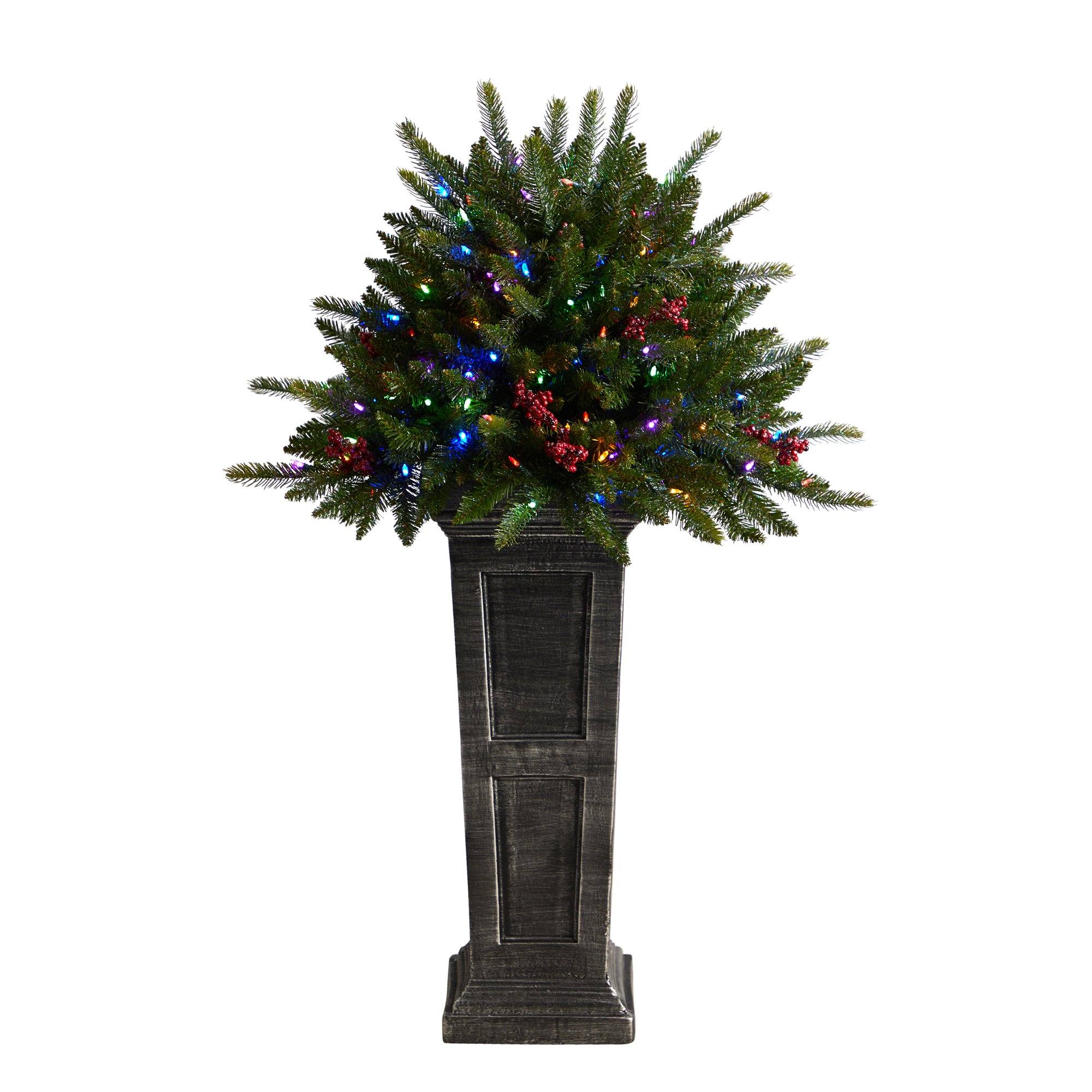 4' Holiday Christmas Tree Plant Pre-Lit and Glittered on Pedestal with 150 Multicolored LED lights - Image 3