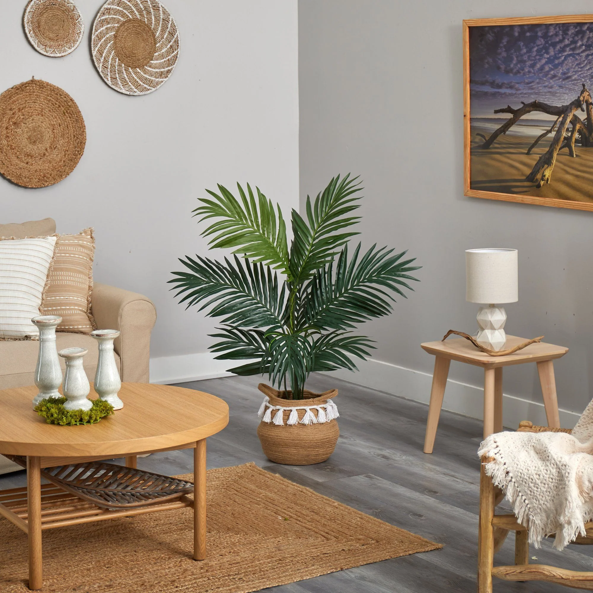 4' Kentia Palm Artificial Tree in Boho Chic Handmade Natural Cotton Woven Planter with Tassels - Image 4