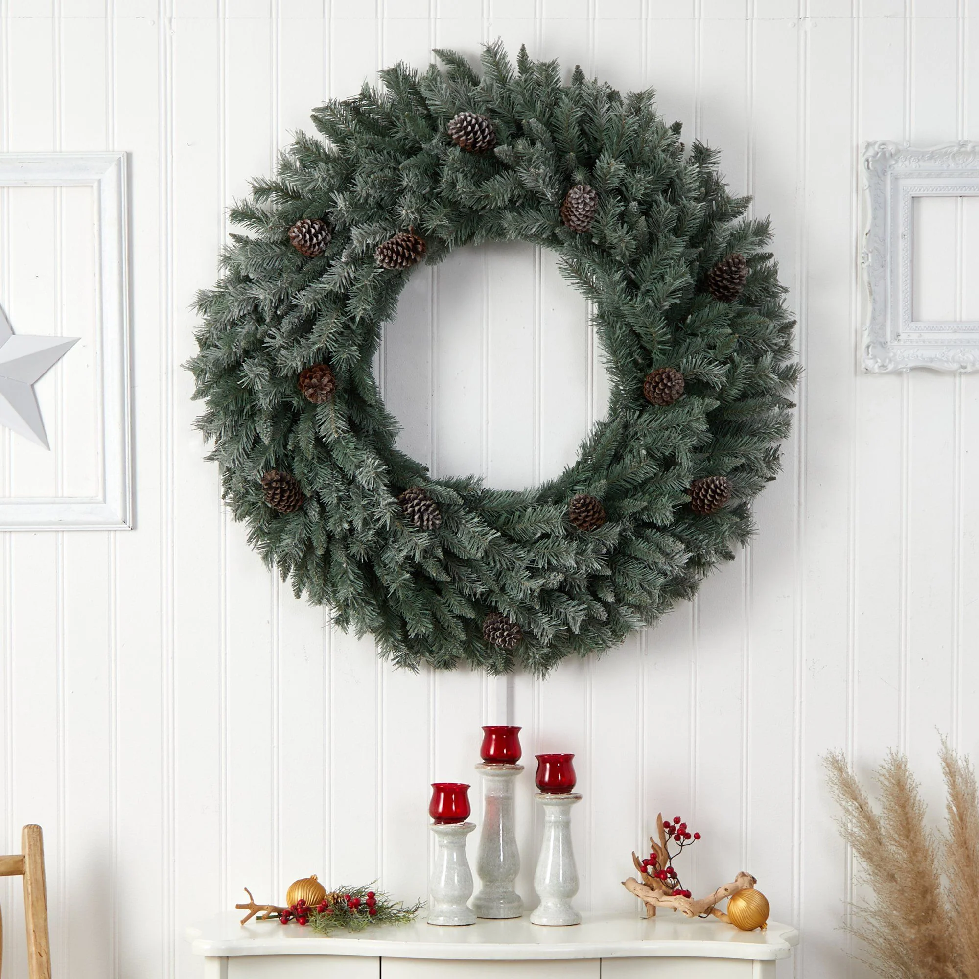 4’ Large Flocked Christmas Wreath with Pinecones, 150 Clear LED Lights and 360 Bendable Branches - Image 5