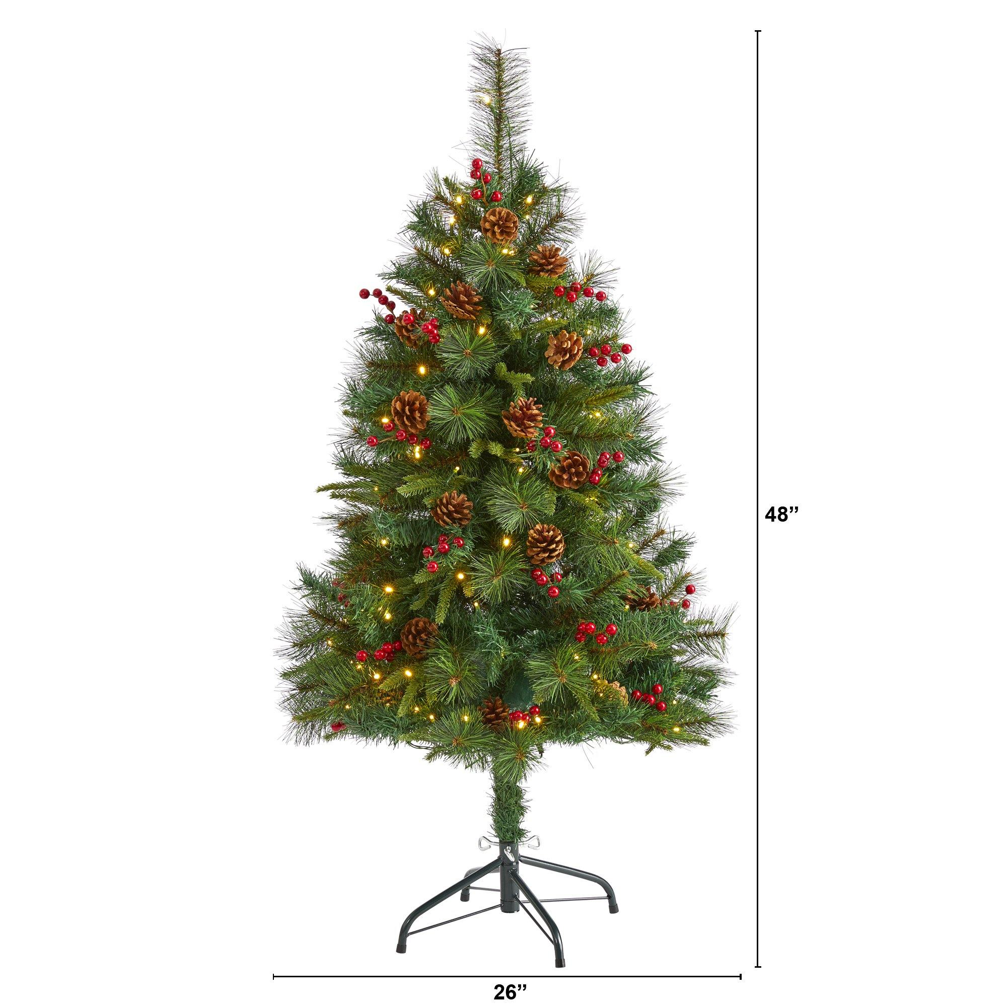 4’ Mixed Pine Artificial Christmas Tree with 100 Clear LED Lights, Pine Cones and Berries - Image 2