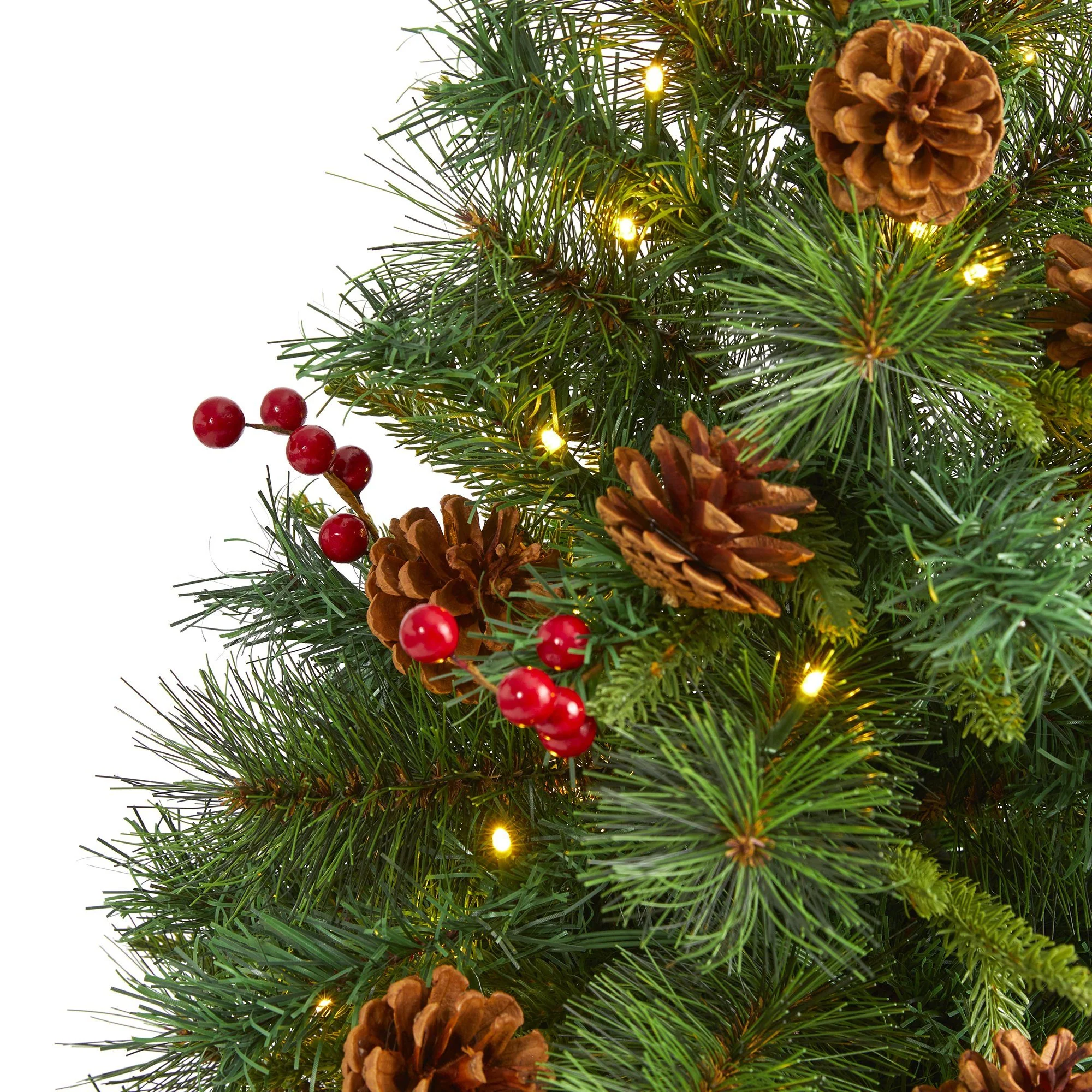 4’ Mixed Pine Artificial Christmas Tree with 100 Clear LED Lights, Pine Cones and Berries - Image 3