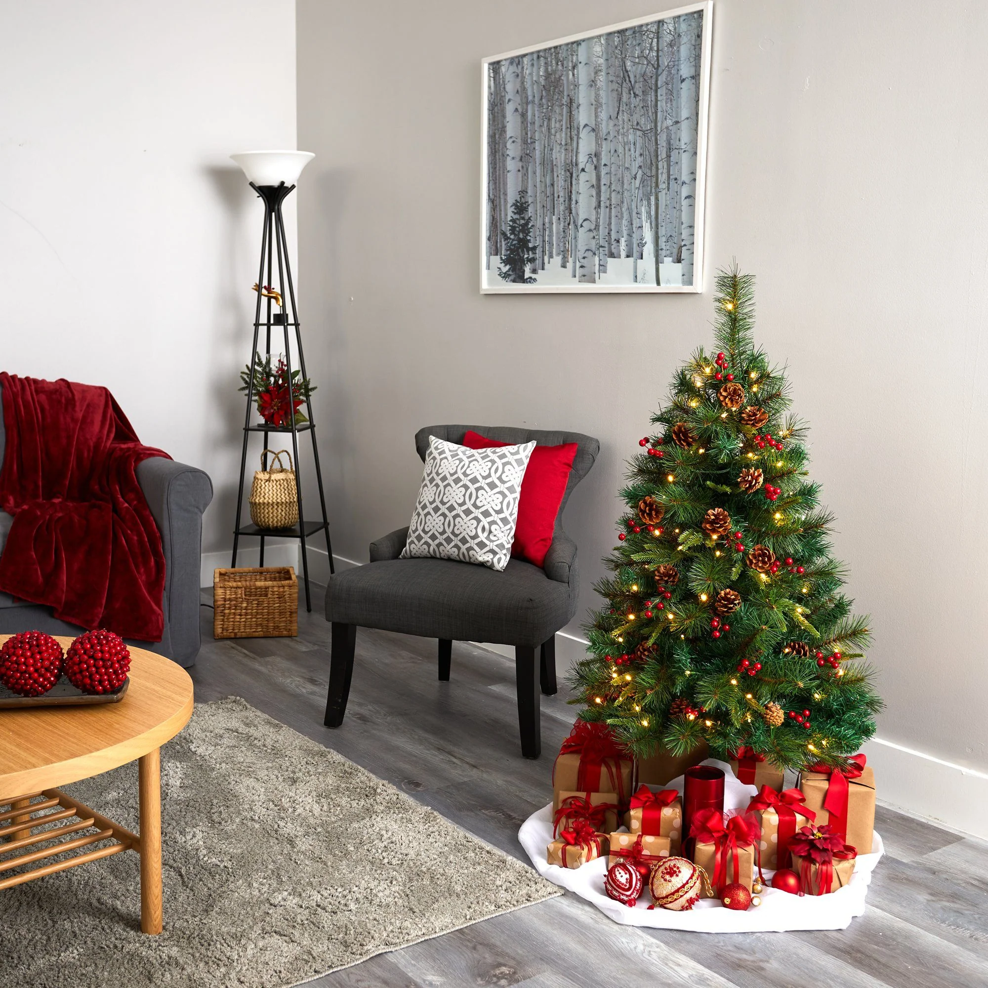 4’ Mixed Pine Artificial Christmas Tree with 100 Clear LED Lights, Pine Cones and Berries - Image 5