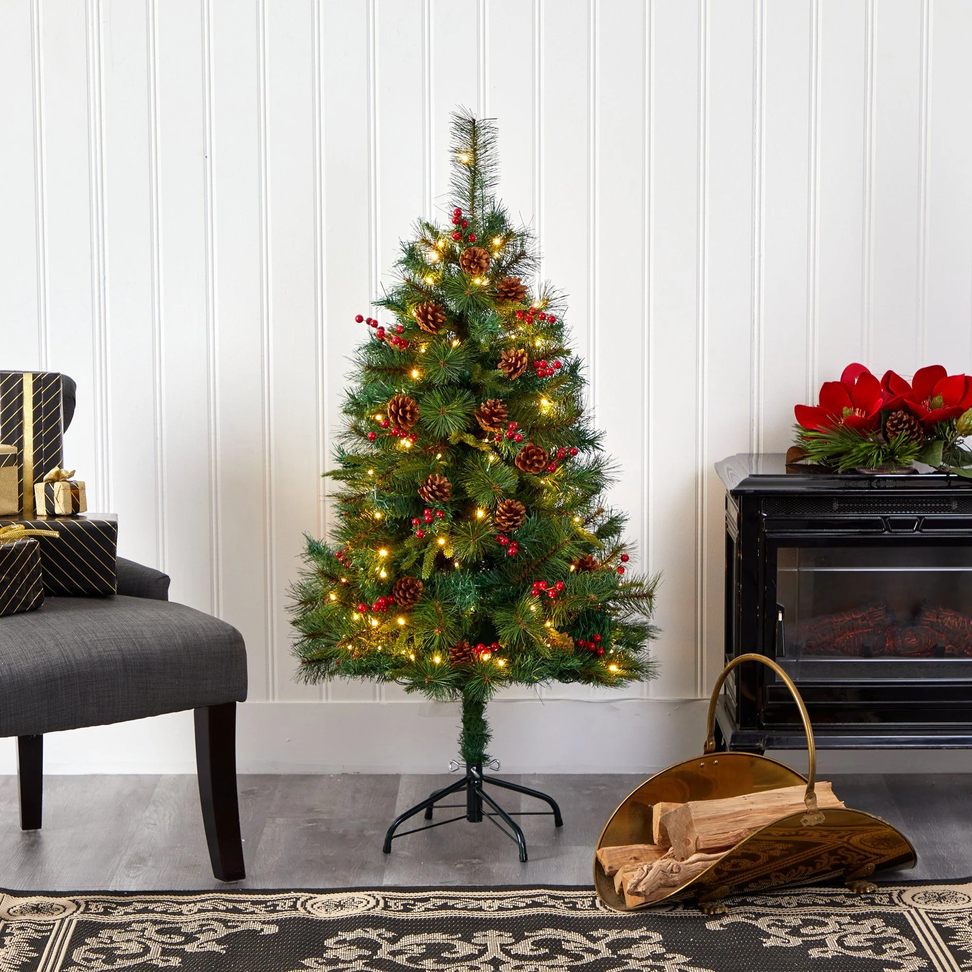 4’ Mixed Pine Artificial Christmas Tree with 100 Clear LED Lights, Pine Cones and Berries - Image 7