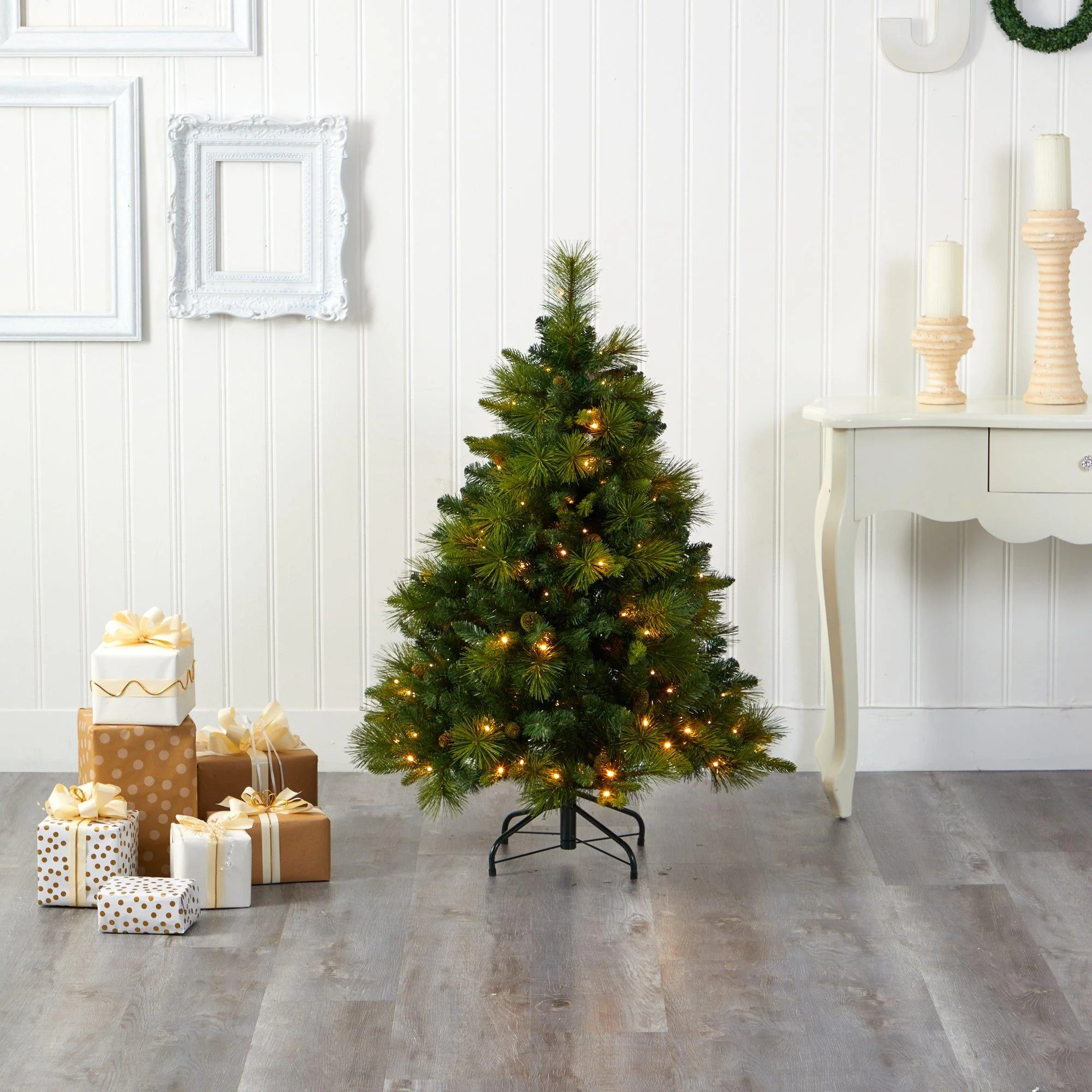 4’ North Carolina Mixed Pine Artificial Christmas Tree with 130 Warm White LED Lights, 459 Bendable Branches and Pinecones - Image 6