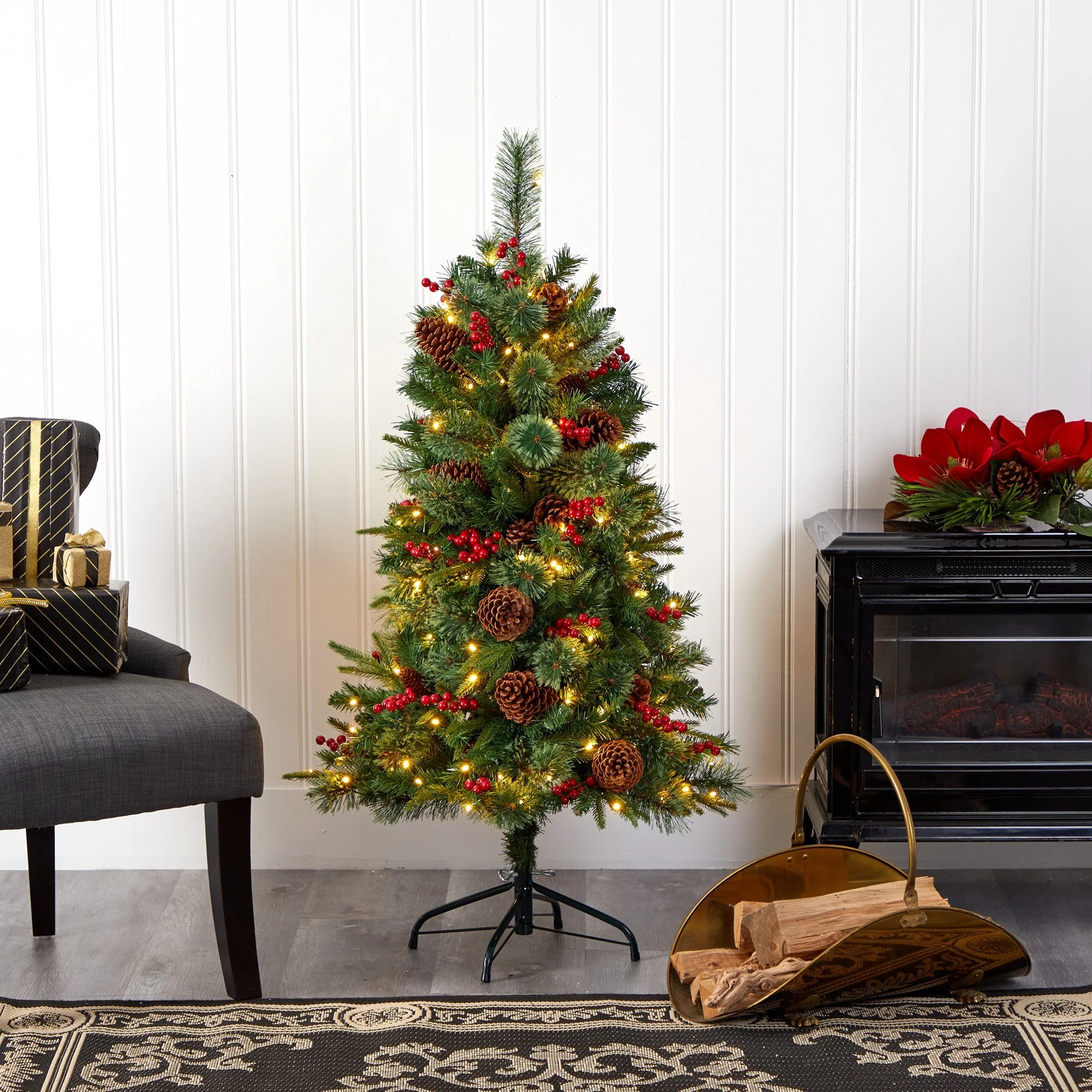 4’ Norway Mixed Pine Artificial Christmas Tree with 150 Clear LED Lights, Pine Cones and Berries - Image 7