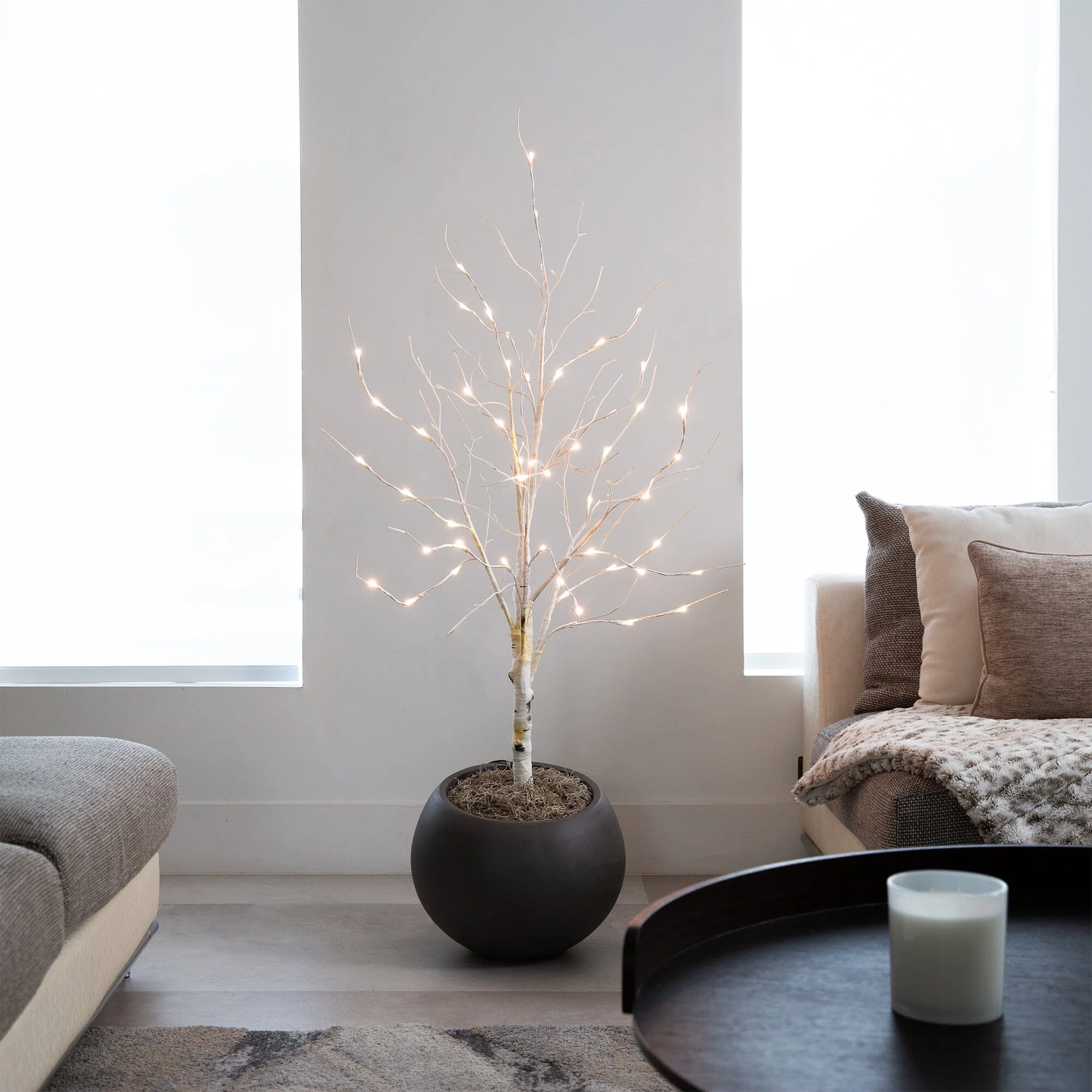 4’ Pre-Lit Artificial White Birch Tree with 51 White LED Lights - Image 3