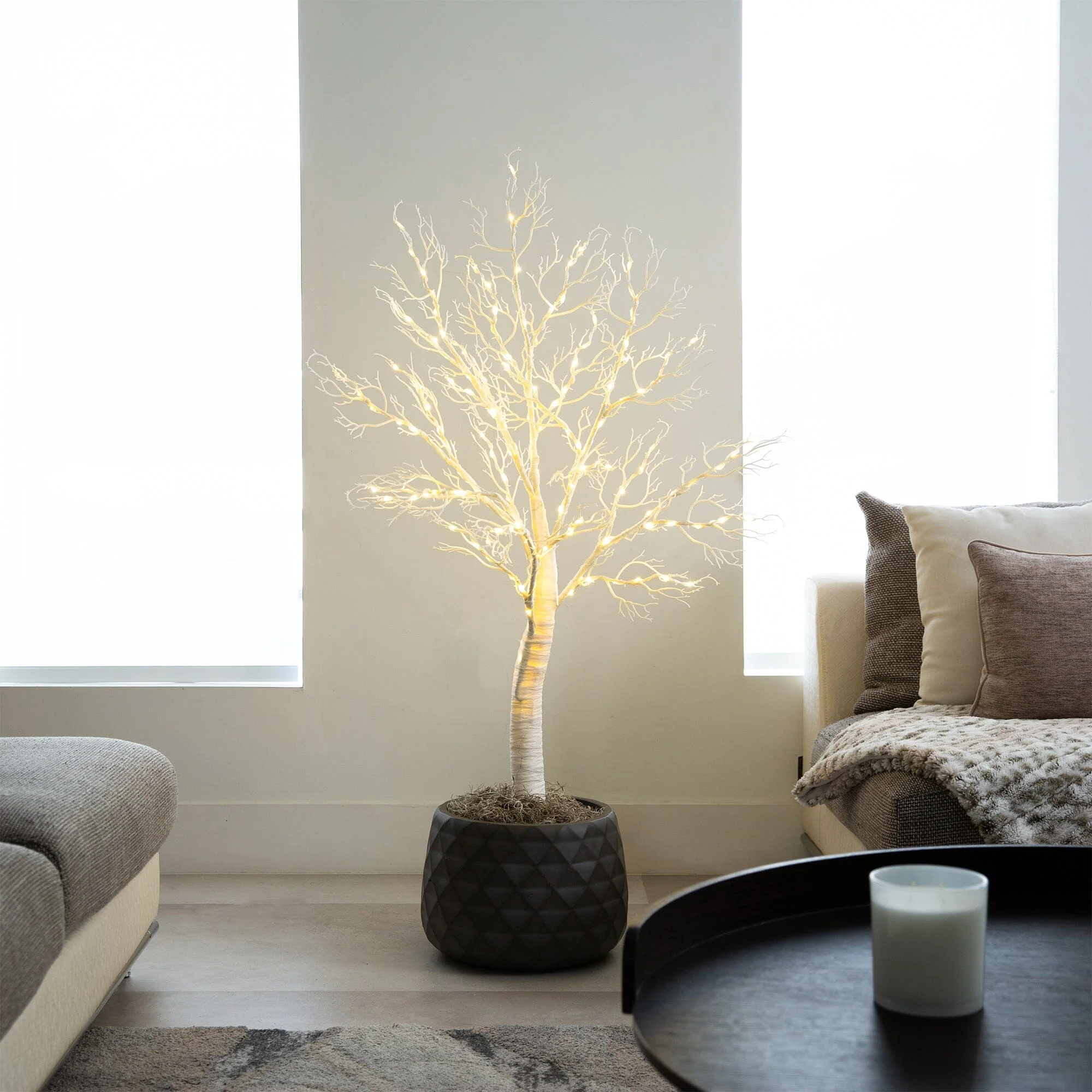 4’ Pre-Lit Artificial White Twig Tree with 160 Warm White LED Lights - Image 3