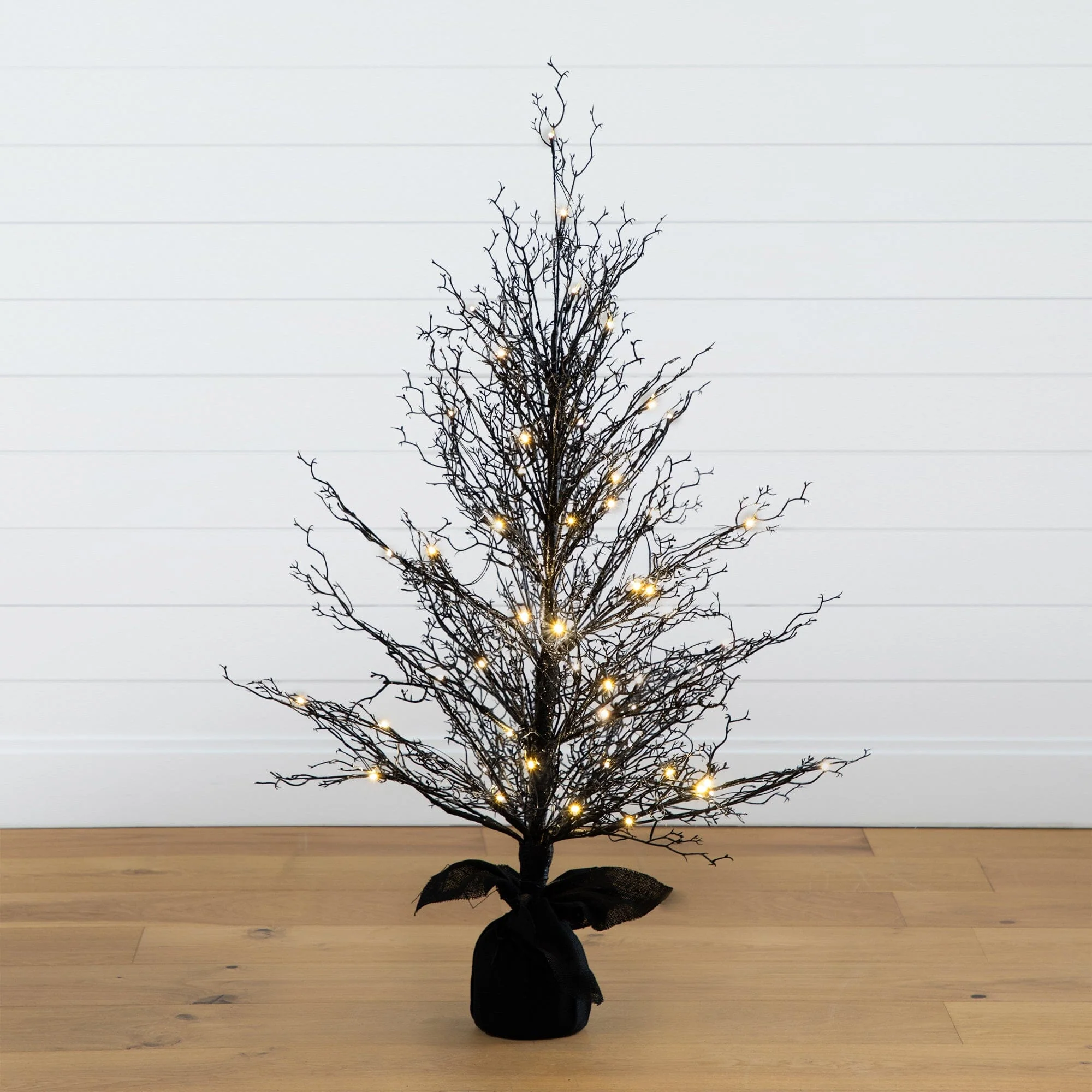 4’ Pre-Lit Halloween Black Twig Artificial Fall Tree in Burlap Planter with 63 Warm White LED Lights - Image 3