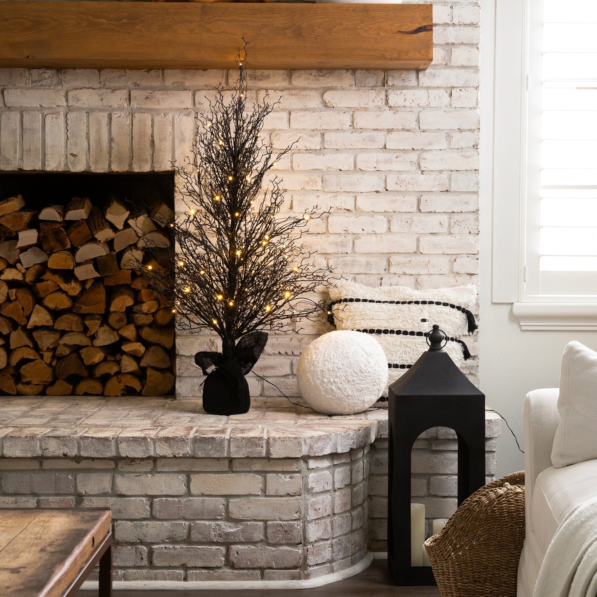 4’ Pre-Lit Halloween Black Twig Artificial Fall Tree in Burlap Planter with 63 Warm White LED Lights - Image 4