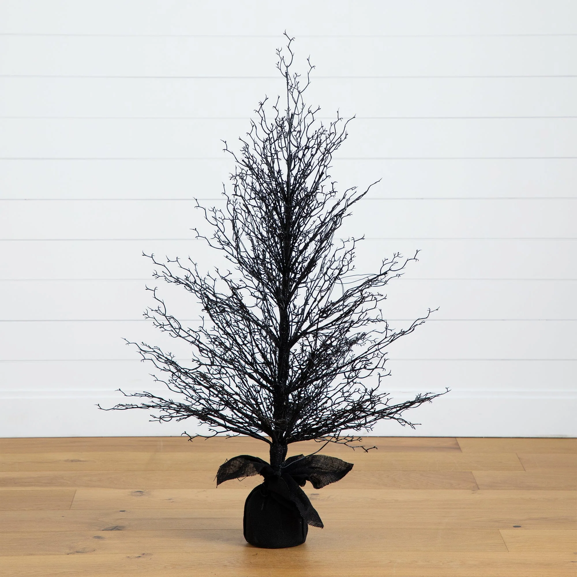 4’ Pre-Lit Halloween Black Twig Artificial Fall Tree in Burlap Planter with 63 Warm White LED Lights - Image 6